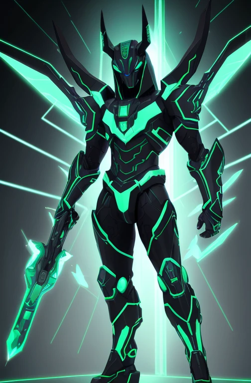 hologram humanoid, green colored, short horns, anubis, dark background, high contrast, red highlights, mechanical. blue energy blades along arms, full body,