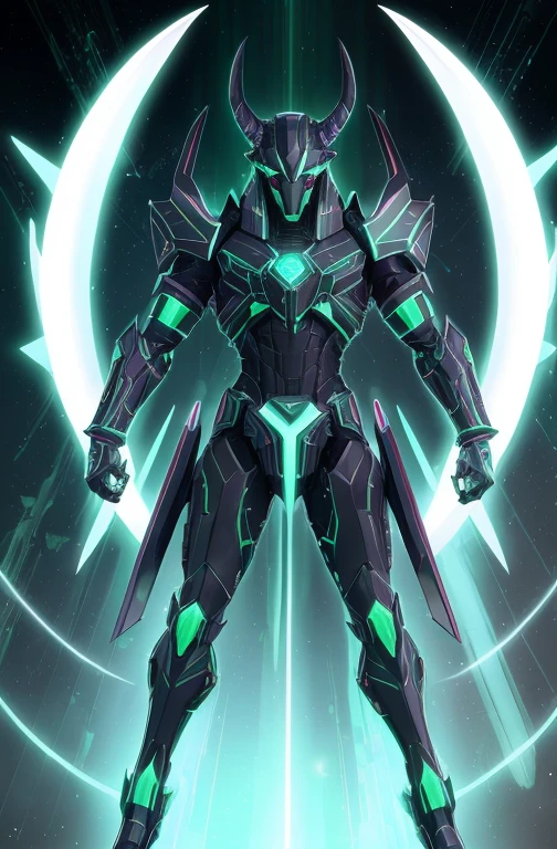 hologram humanoid, green colored, short horns, anubis, dark background, high contrast, red highlights, mechanical. blue energy blades along arms, full body,