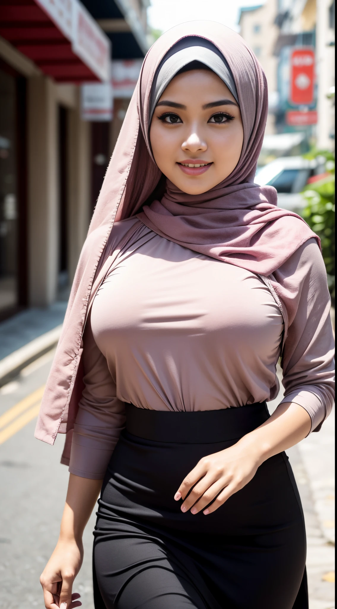 RAW, Best quality, high resolution, masterpiece: 1.3, beautiful Malay woman in hijab, big breasts, (Close up), beautiful face, perfect body, beautiful big eyes, smiling, woman wearing long turkneck shirt and hijap and long and wide black skirt walking down the street, hijab, beautiful woman, beautiful girl, traditional beauty, white hijab, with beautiful exotic, malaysia, very beautiful girl, blurred background