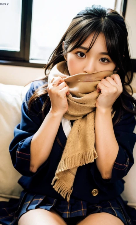 ulzzang -6500-v1.1, (Raw foto:1.2), (Photorealsitic:1.4), a beautiful detailed girl, extremely detailed eye and face, beatiful detailed eyes, Ridiculous, unbelievable Ridiculous, huge filesize, ultra-detailliert, hight resolution, ighly detailed, top-quality, ​masterpiece, Kemomimi, ((bury your face in your scarf)), (((Japan schoolgirl uniform))), illustratio, ighly detailed, nffsw, unification, 8k wallpaper, astonishing, finely detail, ​masterpiece, top-quality, Highly detailed ticker uniform 8K wallpaper, face lights、Cinematographic lighting、1girl in、sixteen years old、(witheout panties)、((dynamicposes)))、(camel's toe)、(half)、(Crooked knees and legs sitting))