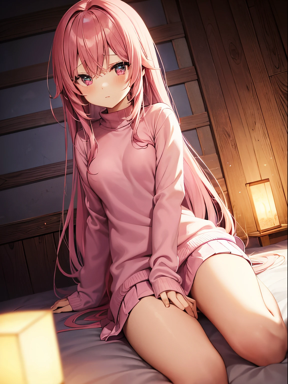 Cute anime girl, long pink hair, blue-pink gradient eyes, pink sweater, pink short skirt, blue striped green socks, nighttime, in an old dark wooden house, wooden walls, candle lights, very dark, in bed, NSFW, exposed breasts, exposed thighs