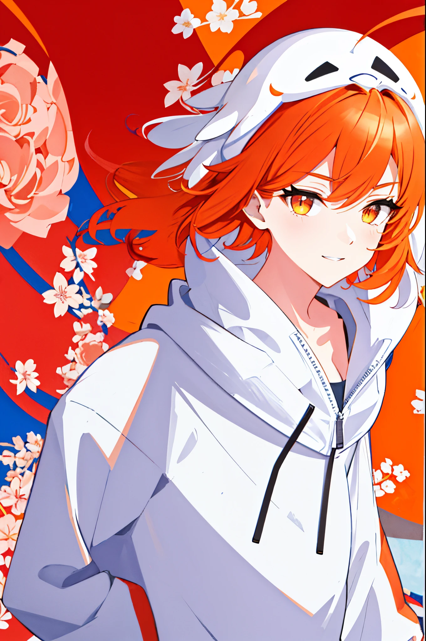 tmasterpiece, Best quality at best, A high resolution, sportrait, 1个Giant Breast Girl, Alone, short detailed hair, looking at viewert, Colorful hair, orange color hair, White hair, Blue hair, woven, By bangs, Orange eyes, Striped hair, little breast, nedium breasts, long sleeve hoodie:1.4),  Background with, Orange background, Be red in the face, ssmile, floral print on hoodie,