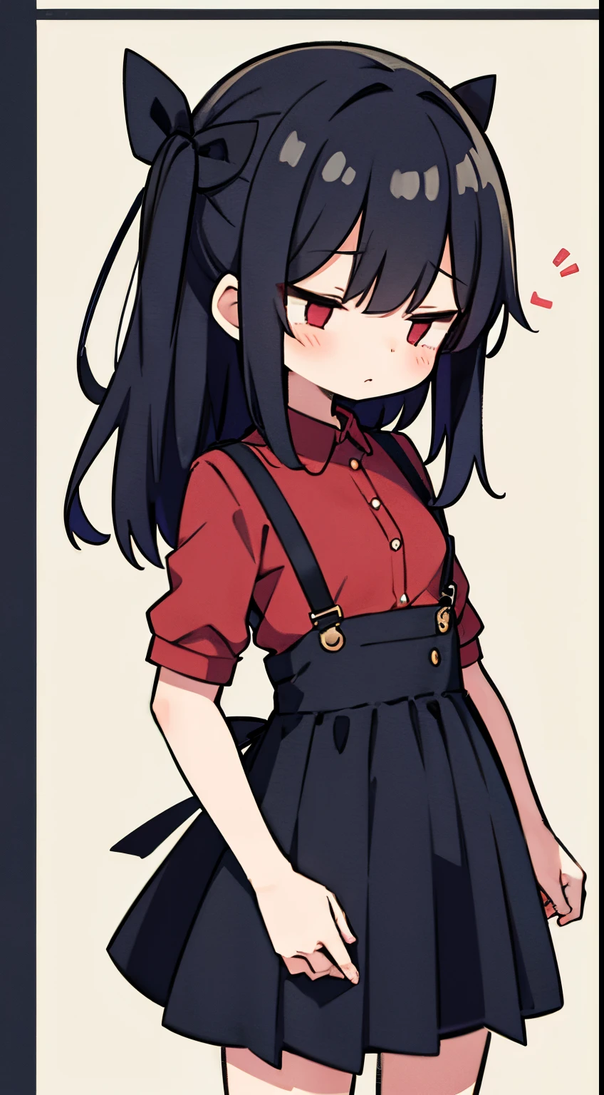 girl　Primary school students　Young Girl　小さいgirl　Height: 130cm　Standing picture Simple design　The dress is a one-piece　camisole　Sleeveless　No sleeve　Long hair　Long Black Hair　Hair is black　Red eyes　Shoulder-baring ahoge
