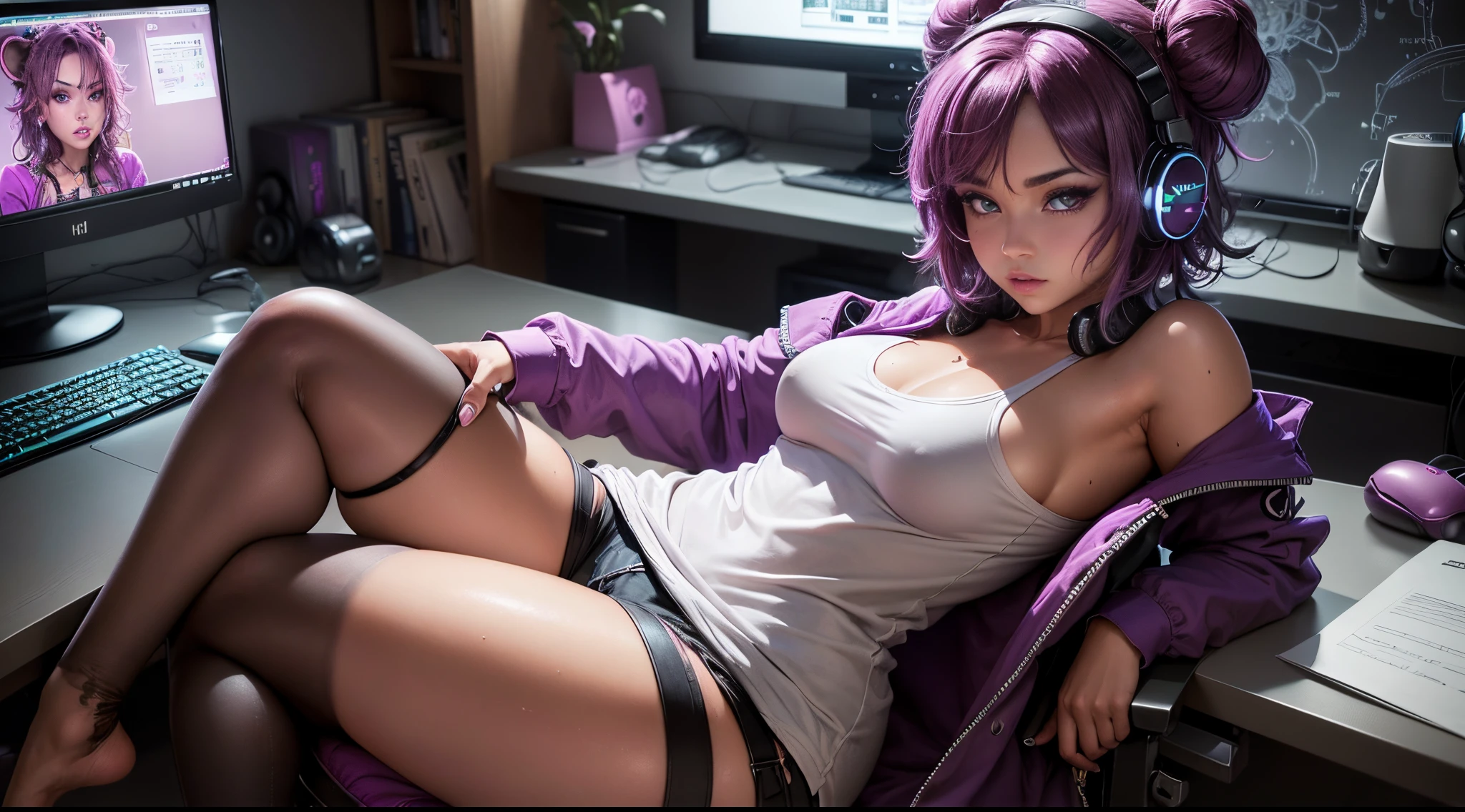 (detailed beautiful eyes and detailed face, masterpiece side light, masterpiece, best quality, detailed, high-resolution illustration), best quality, ultra detailed, extremely detailed, (masterpiece:1.1), high quality, (highres), (1 female), ((Computer desk background, monitors, keyboard, mouse), neon lights), (sitting on chair, programming code, beautiful woman, Mexican, Hispanic, shiny skin, sweaty, small breast, curvy, tanned skin, shoulder sunflower tattoo, full body), (messy hair, magenta hair, magenta colored eyes, magenta hair buns, short hair, black and white thigh highs, oversize shirt, long shirt, headphones)