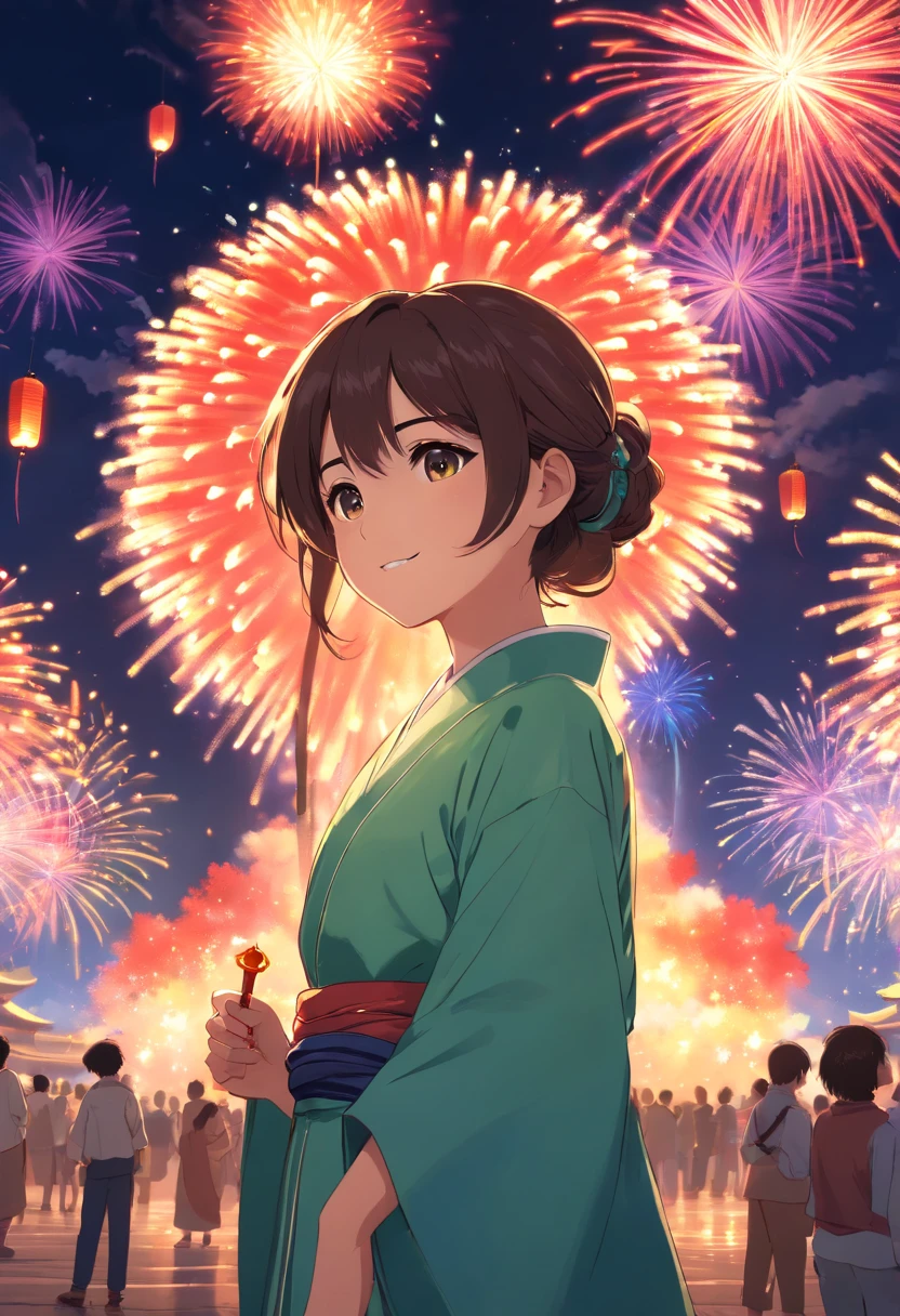 fire works，Absolutely beautiful girl，smilingly，Hanfu，Vista lanterns