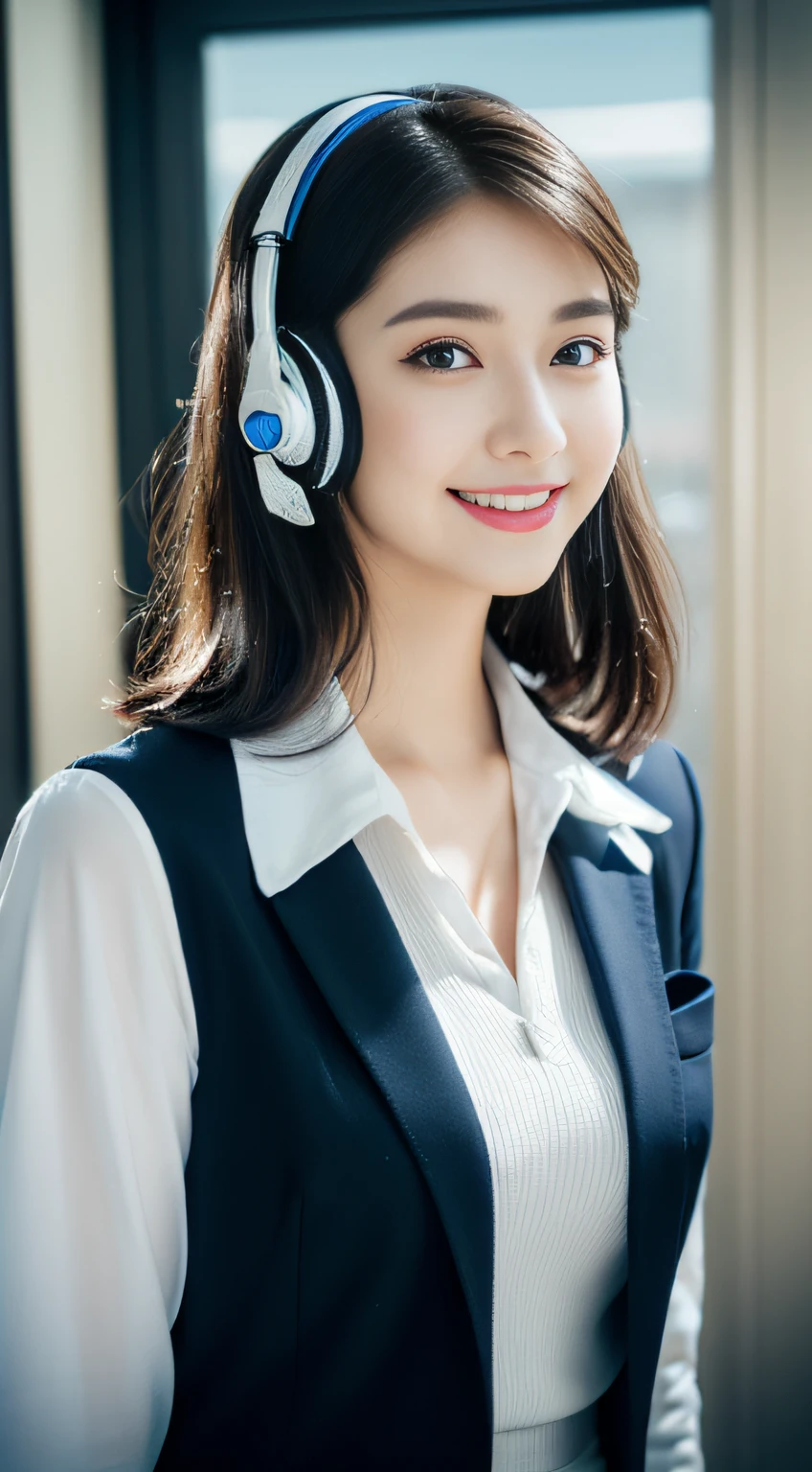 ((32ｋ,high detal,high detal、​masterpiece,Attention to detail,full body Esbian,Lori,))),Raw foto & realistic atmosphere,beautiful dark blue eyes,Detailed mouth,Glossy lips,Detailed eyebrows,Exquisitely painted eyes on soft white skin that shines with every detail、Very beautiful eyes with blue eyes,Detailed lips、skirt by the、Black Suit、Very beautiful face,Very well-formed face、Vivid face,Beautiful lips that sparkle,Beautiful eyebrows,Infinite reality, Beautiful and cute１7 year old schoolgirl,the whole body is wet,It's very beautiful.１7-year-old girl,natural soft light、 short hair with a brown sheen,（Blue,summer clothing,Beautiful, Friendly eyes,my eyes are looking diagonally：1.5）,(((Beautiful smooth legs,,kindly smile,Phone reservation pointer,Immature body,Non-revealing clothing、working in a call center、i&#39;wearing a headset、Install the intercom))),