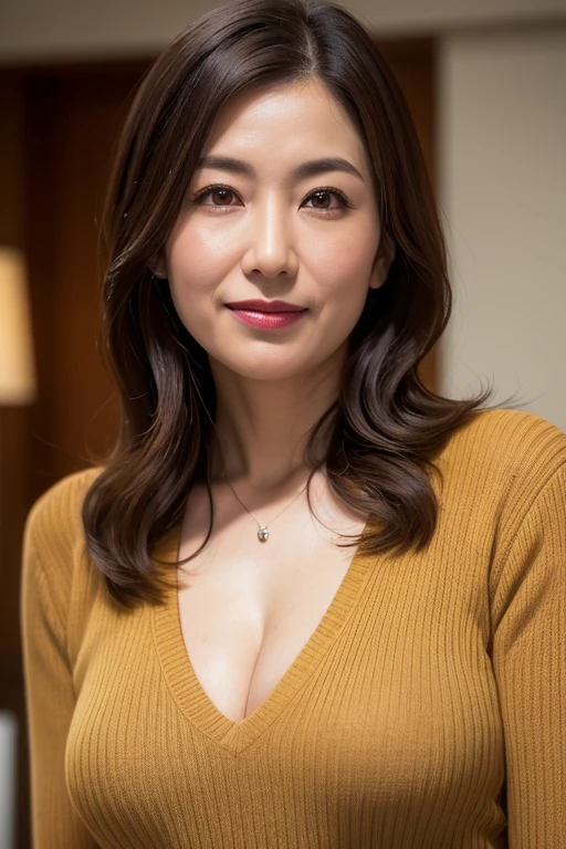 masutepiece, Photorealsitic, Best Quality, intricate and delicate, 8k wallpaper, top-quality, masterpiece, realisitic, ultra-detailliert, 1人の女性, Beautiful woman at 50 years old, slim figure, (((Facing the front))), bilaterally symmetrical, (((Look at viewers))), Dynamic lighting, Volumetric lighting, extra detailed face, Long hair, Yellow Sheer V-Neck Knit Sweater, small bust with good shape, cleavage of the breast