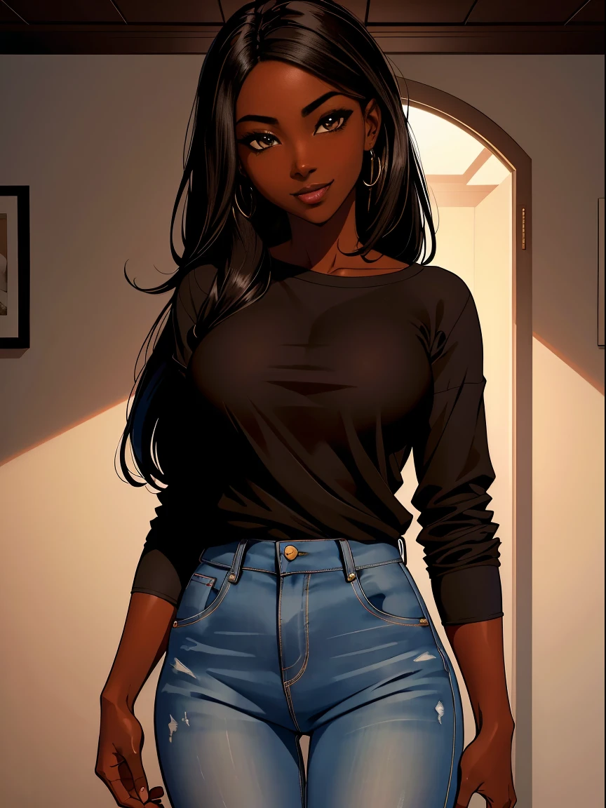 Dark skin ebony young woman in a casual shirt and blue jeans, clear defined brown eyes, perfect wild cloud of long black hair, deceptively shy, blushing with a secretive smile, flirtatious, mischievous