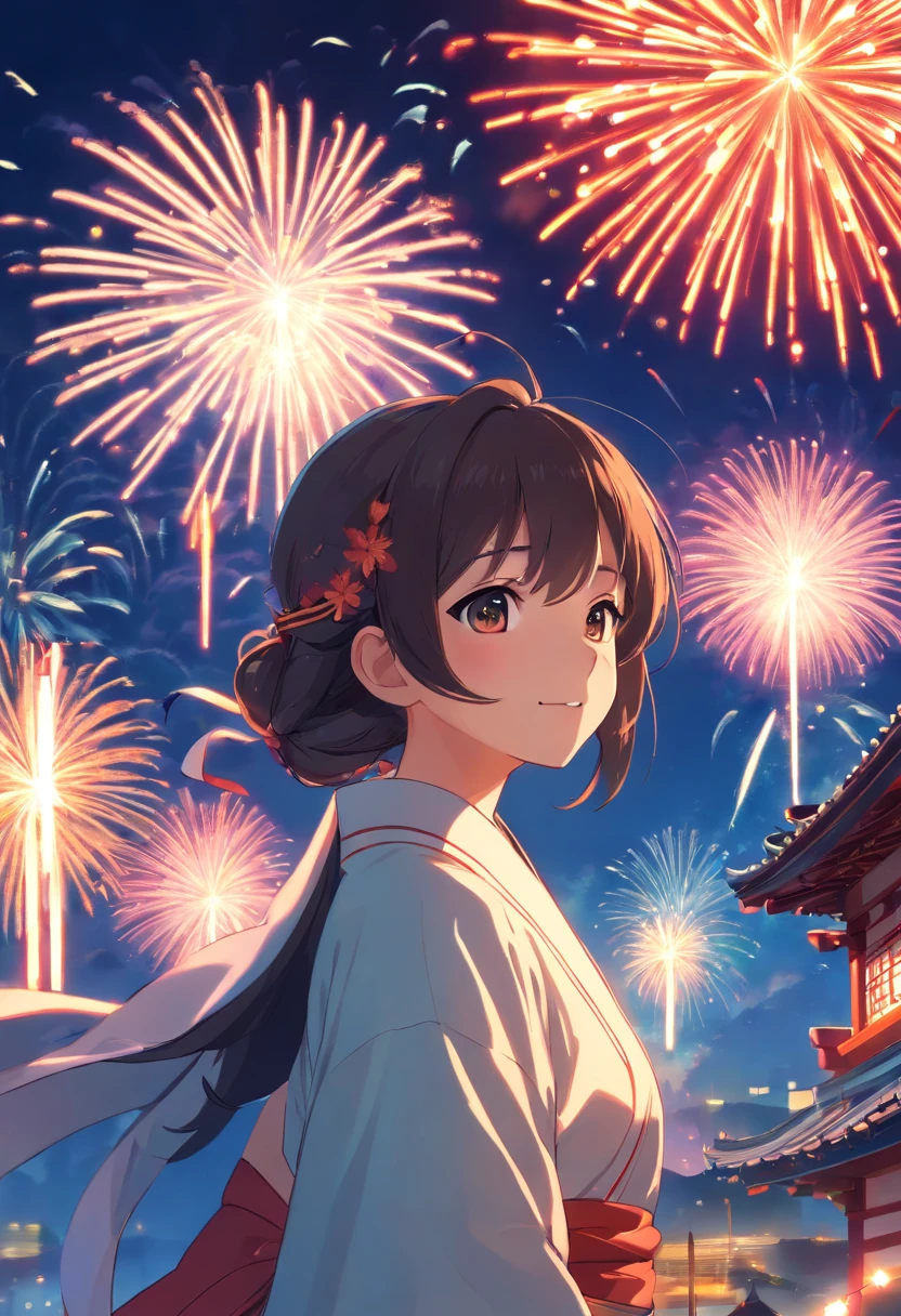 fire works，Absolutely beautiful girl，smilingly，Hanfu，Vista lanterns