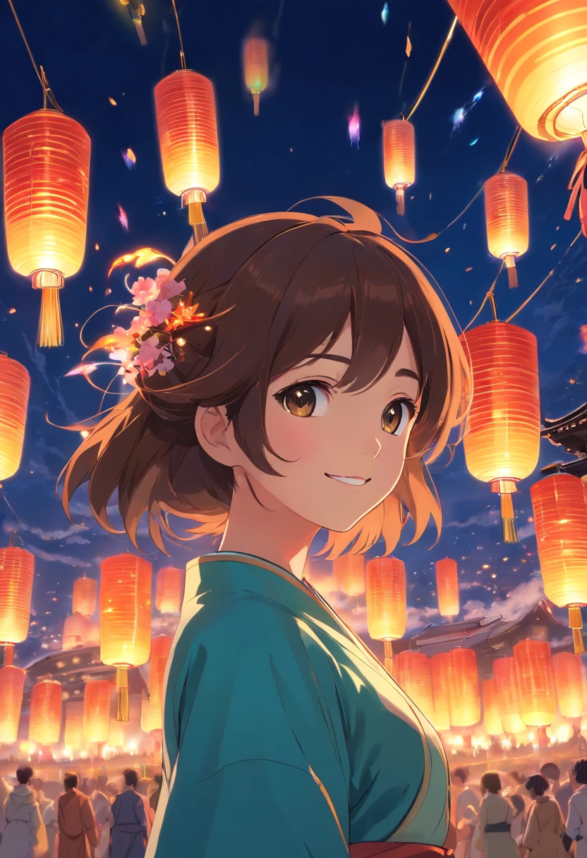 fire works，Absolutely beautiful girl，smilingly，Hanfu，Vista lanterns