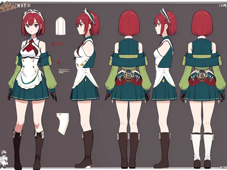 1 person, 22 year old woman, anime style, librarian, red hair, ponytail, ((glasses)), color palette black white red teal, crystal, (character sheet), golden eyes, high quality, masterpiece, (full body view), clothes German inspired