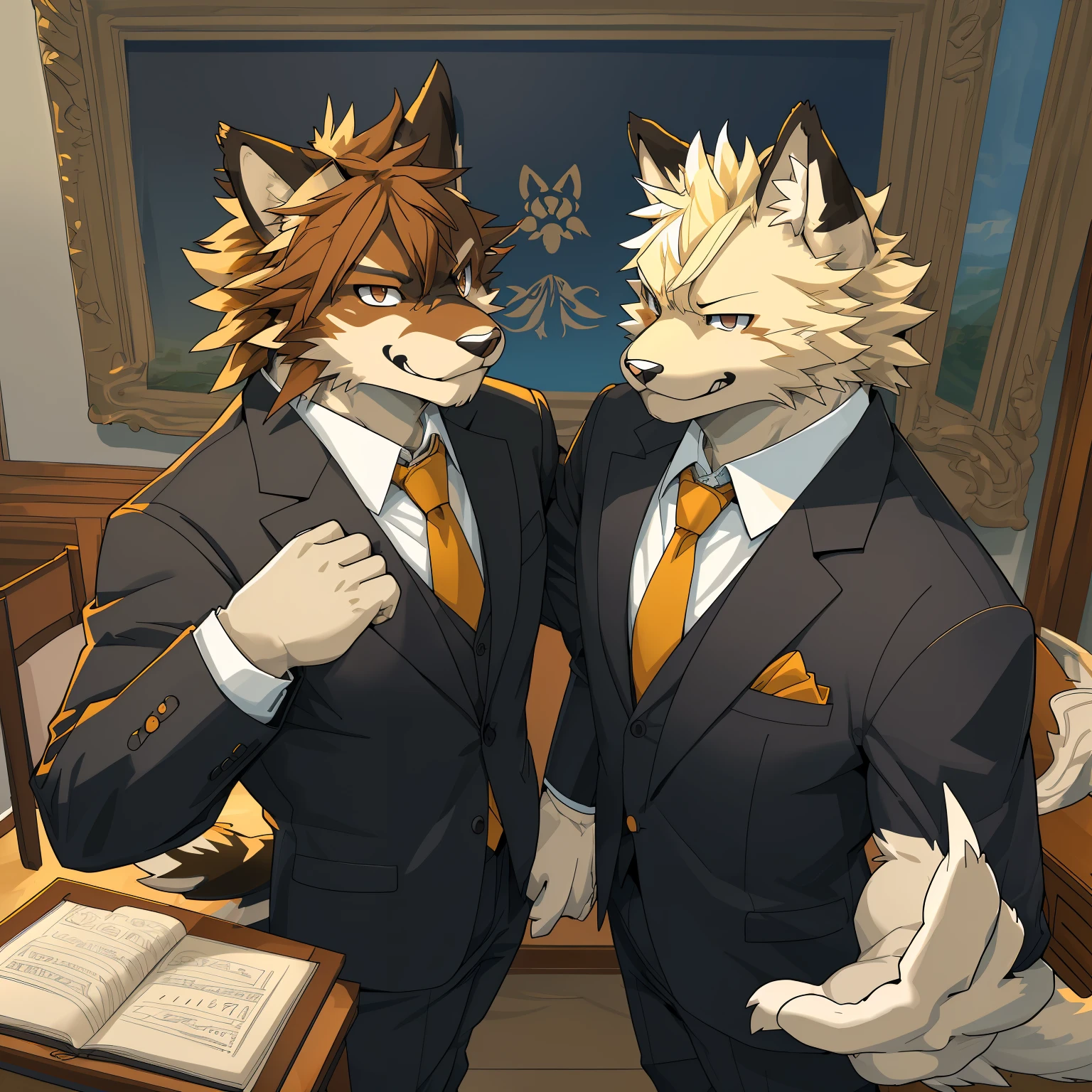 cover page, highres, top quality, best quality, paid reward available, High-quality illustrations, unparalleled masterpiece, perfect artwork, absurdres, super high resolution, detailed background, perfect anatomy( nice 2boys, kemono, suit)(furry anthro:1.7)Top executives shake hands on the achievement of the project, smile, portrait,