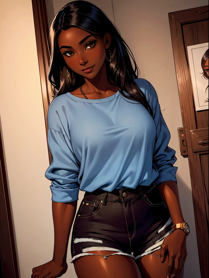 Dark skin ebony young woman in a casual shirt and blue jeans, clear defined brown eyes, perfect wild cloud of long black hair, deceptively shy, blushing with a secretive smile, flirtatious, mischievous