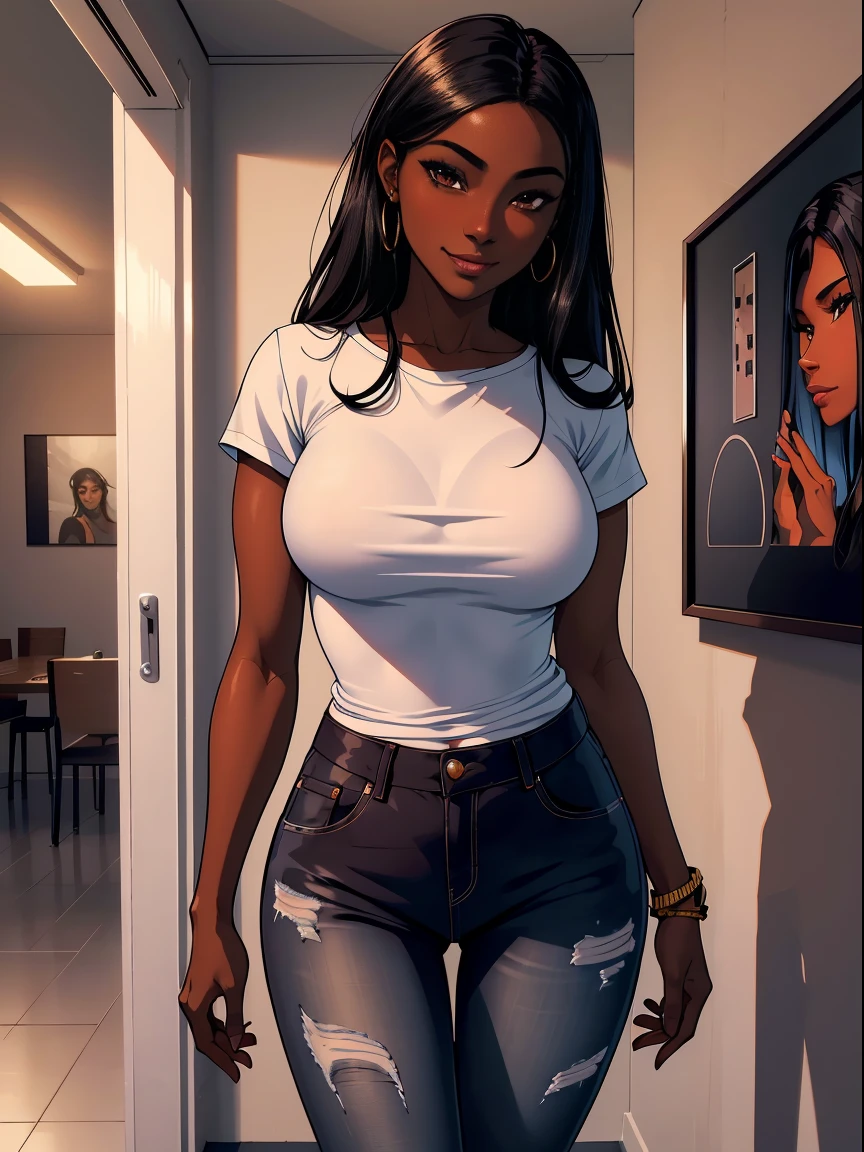 Dark skin ebony young woman in a casual shirt and blue jeans, clear defined brown eyes, perfect wild cloud of long black hair, deceptively shy, blushing with a secretive smile, flirtatious, mischievous