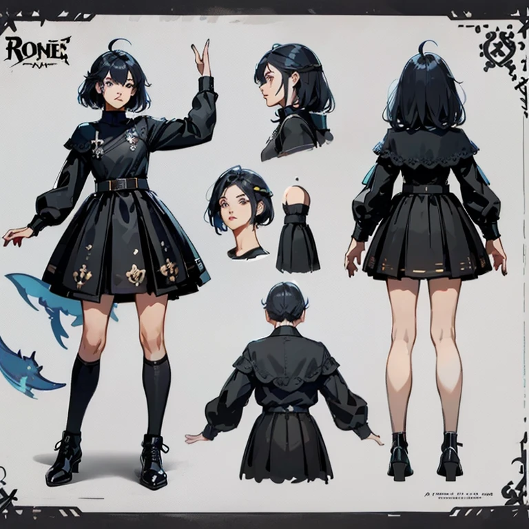 ((character concept art)), ((Character design sheet, same character, front, side)) Video game character design, Rolois,, , 1 FemBoy, ahoge, Bangs, black skirt, black sweater top, blue nails, blurry, closed mouth, long sleeves,