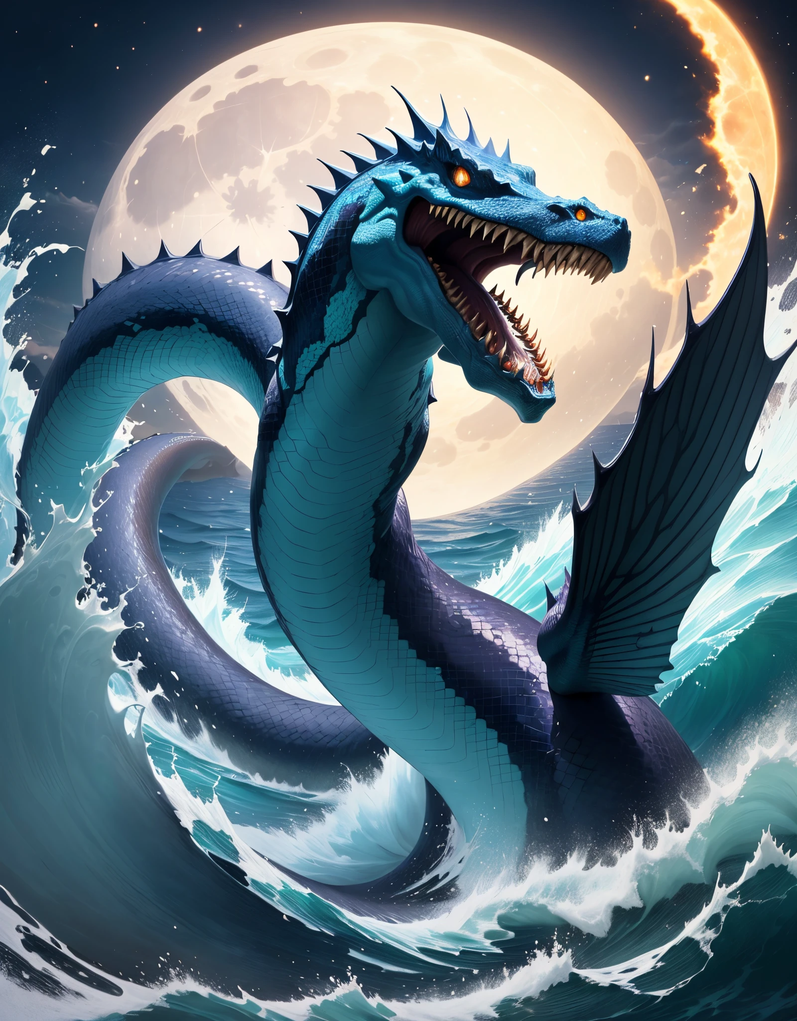 A gigantic serpent-like sea monster rips through the ocean, roaring with all it's anger  waves surround him, the dark ocean only reflects the big white moon behind the serpent, showing that once you fall into those waters, there  no chance of coming back.