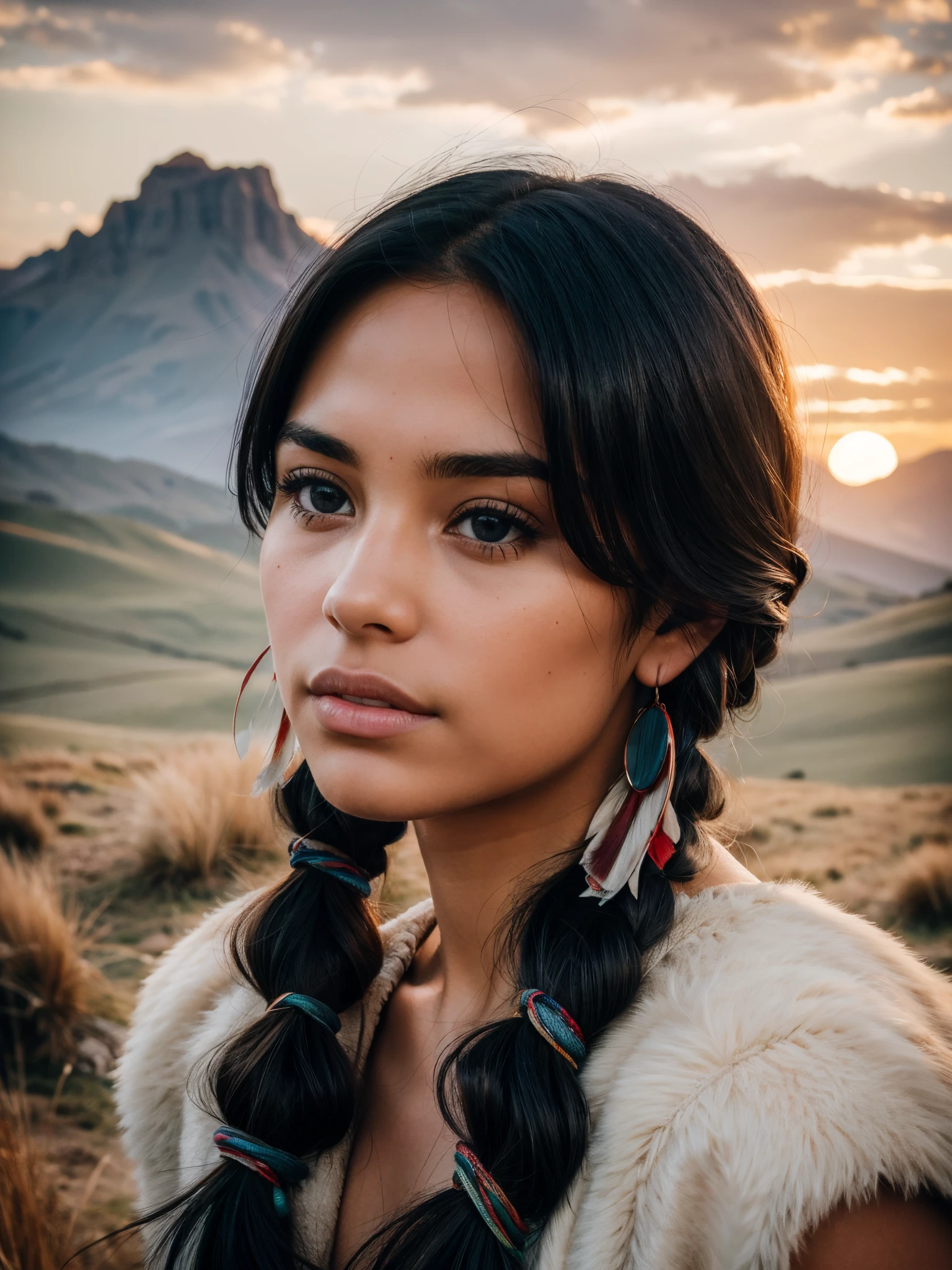 (best quality,4k,8k,highres,masterpiece:1.2),ultra-detailed,realistic,photorealistic:1.37, beautiful detailed eyes, beautiful detailed lips, extremely detailed face, longeyelashes, intimate view, classic oil painting, soft lighting, vibrant colors, warm tones, atmosphere, Ancient Native American Girl walking on on a field surrounded by mountains in ancient America, timid expression, random hairstyle, flawless skin texture, gentle breeze, elegant pose, nervous energy, afternoon ambiance, frontal shot, Wearing nativam, sunset