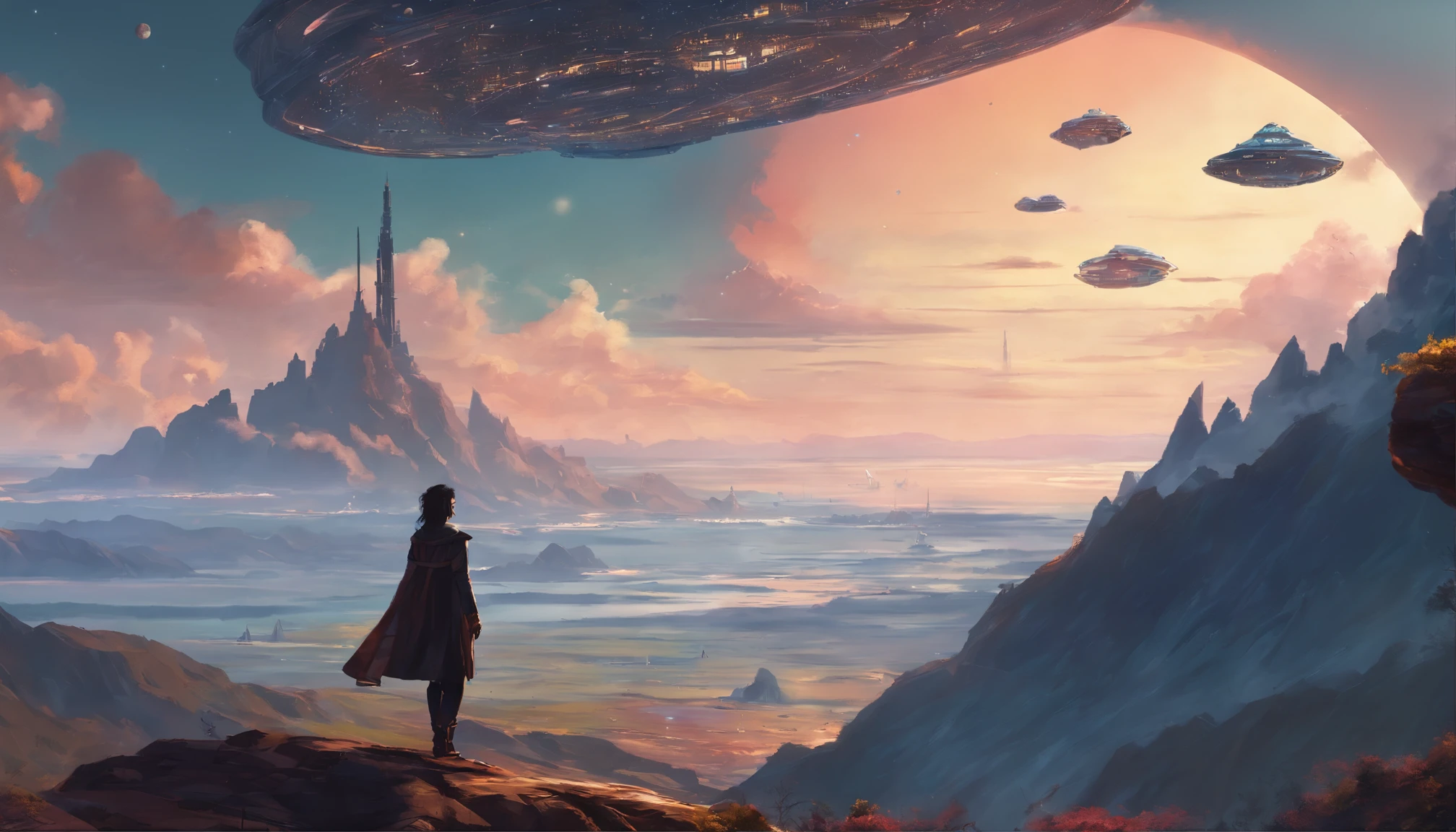 Silhouette of Vietnamese father and daughter flying over a pair of fighter spaceships,they stand on the mountain,The wind blows the daughter's hair and the father's jacket, Concept art wallpaper 4K, Sci-fi fantasy wallpaper, Science fiction artwork, detailed sci-fi art, Beautiful sci-fi art, Spaceship in cloudy sky, concept art artwork masterpiece, concept art 4k, concept art 4k, scifi concept art, Mysterious sci-fi concept art