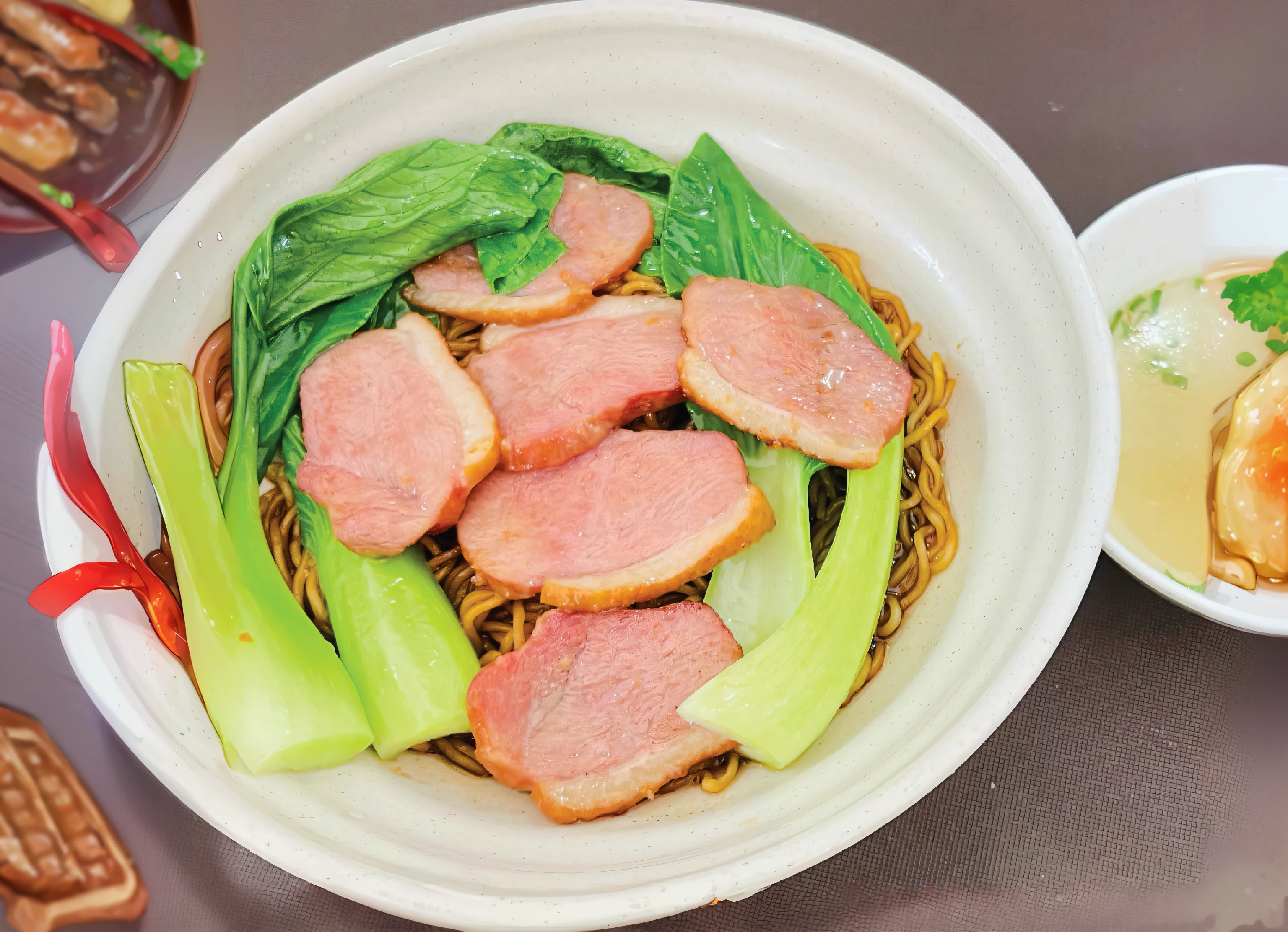 there a bowl of food with meat and vegetables in it, in style of pan ren wei, f 2. 0, yummy, dish, ramen, f4.5, in style of thawan duchanee, sasai ukon masanao, daoshu, c 12.0, inspired by Tan Ting-pho, pork