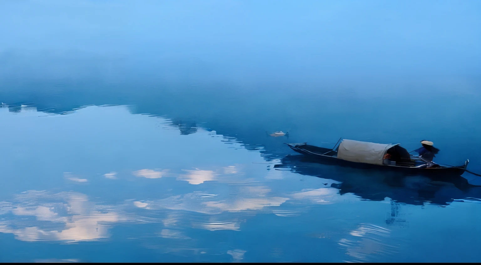 There a man on a boat on the water,There a sky background, Jiang Tingxi, Shang Xi, A wonderful reflection of the sky, by An Zhengwen, beautiful morning, Peace and tranquility, by Cheng Jiasui, author:Shi Rui, reflections on the water, by Yuan Jiang, floating in the mist, by Wen Zhenheng, Reflectors