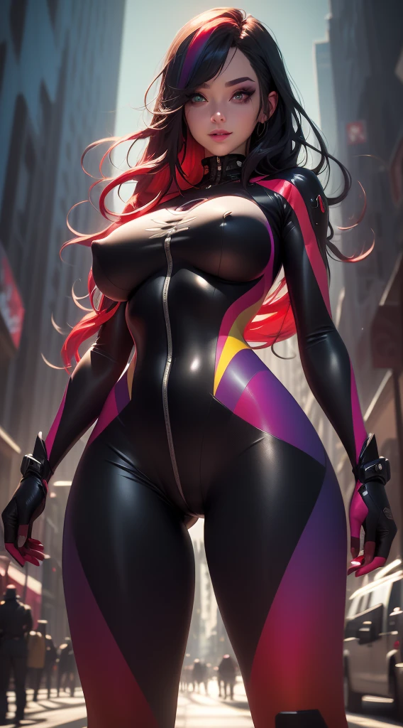 ((Best Quality)), ((Masterpiece)), (Detail: 1.4), 3D, Goddess with green eyes, A Beautiful Cyberpunk Woman with long black hair, (((((Black and red gradation hair))))), Cybernetic hands, Cybernetic legs, NSFW, pastel, Centered, scale to fit the dimensions, nffsw (High dynamic range),Ray tracing, NVIDIA RTX, Hyper-Resolution, Unreal 5, Subsurface Dispersion, PBR Texture, Post-processing, Anisotropy Filtering, Maximum clarity and sharpness, Multilayer textures, Albedo and specular maps, Surface Shading, accurate simulation of light and material interactions, Octane Render, Two-tone lighting, Wide aperture, Low ISO, White Balance, thirds rule, 8K Raw, ((Heavy breasts)), White Cyber bodysuit, Loraeyes, nijistyle, Green eyes, Huge Breasts, Smal waist, Long Legs, (Visible nipples under clothing:1.2), (Cameltoe:1.3), (seductive smile),  Cberpunk cityscape, Mechs on the streets,