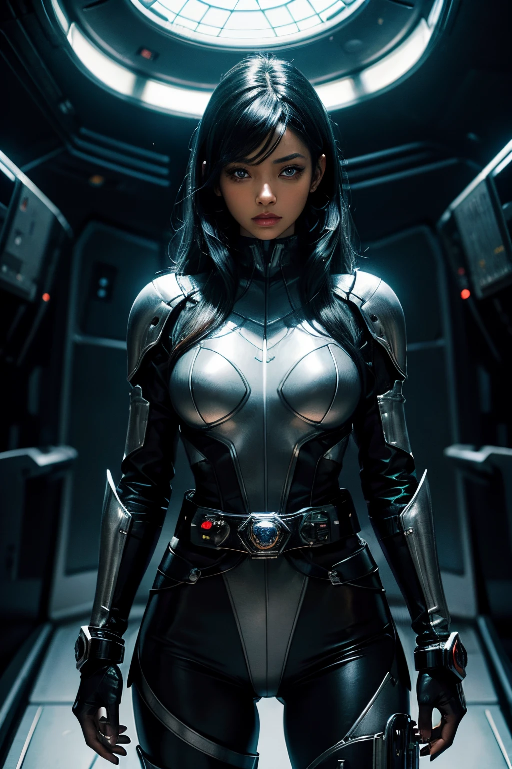 A beautiful woman stands in front of the command seat of a spaceship. He has black hair and dark skin. Beautiful double eyes. The bridge of my nose. Well-shaped lips. She wears a black metallic battle uniform. There is something on the waist that reminds me of Kamen Rider's transformation belt. cool look.