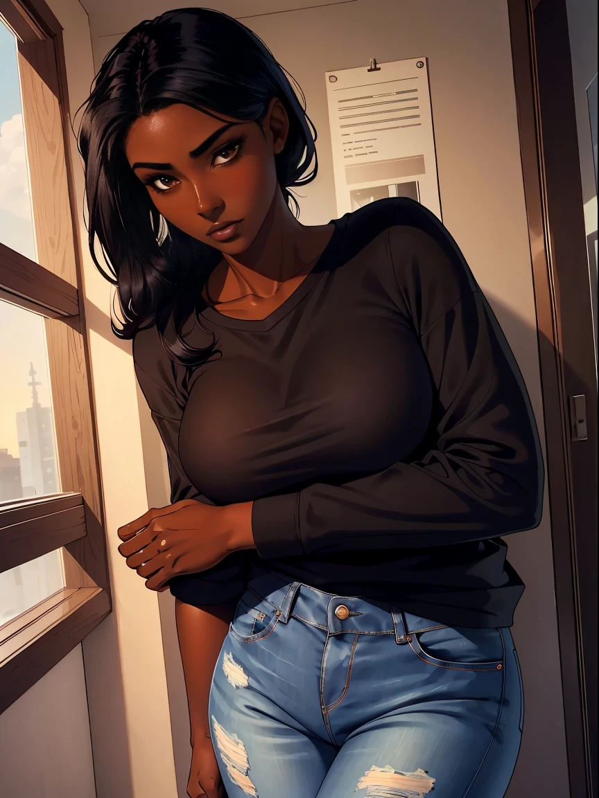 Dark skin ebony young woman in an casual shirt and blue jeans, clear defined brown eyes, perfect wild cloud of long black hair, deceptively shy, flirtatious, revenge, hugging tall masculine attractive man, side profile