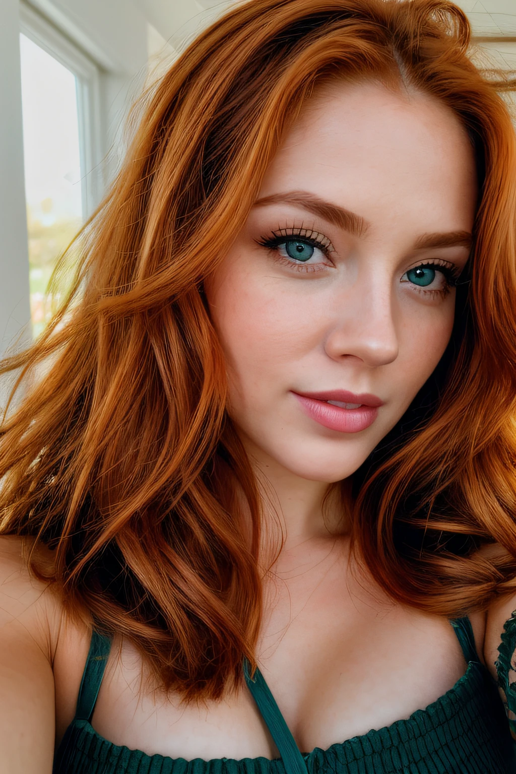(Selfie, plan: 1.4) Foto RAW, Foto de retrato, Un retrato en primer plano de una impresionante mujer jengibre, ojos verdes, bonita, in front of camera, 8k UHD, DSLR, Soft lighting, alta calidad, Film grain, Fujifilm XT3