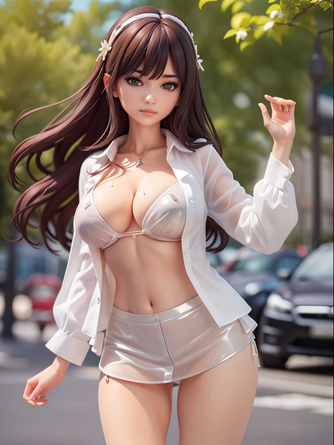 ((best qualtiy, 8K, tmasterpiece:1.3)), sharp:1.2, Perfect figure beautiful woman:1.4, Slim abs:1.2, ((Layered Hair Style, Colossal tits:1.2)), (wet white button shirt:1.1),(see through shirts),(Sateen,the street:1.2),Get wet:1.5,Highly detailed facial and skin texture,A detailed eye,二重まぶた,A sideways glance at the camera,open-shirt,nabel,Expose navel,glass heel,(Sheer Heels)