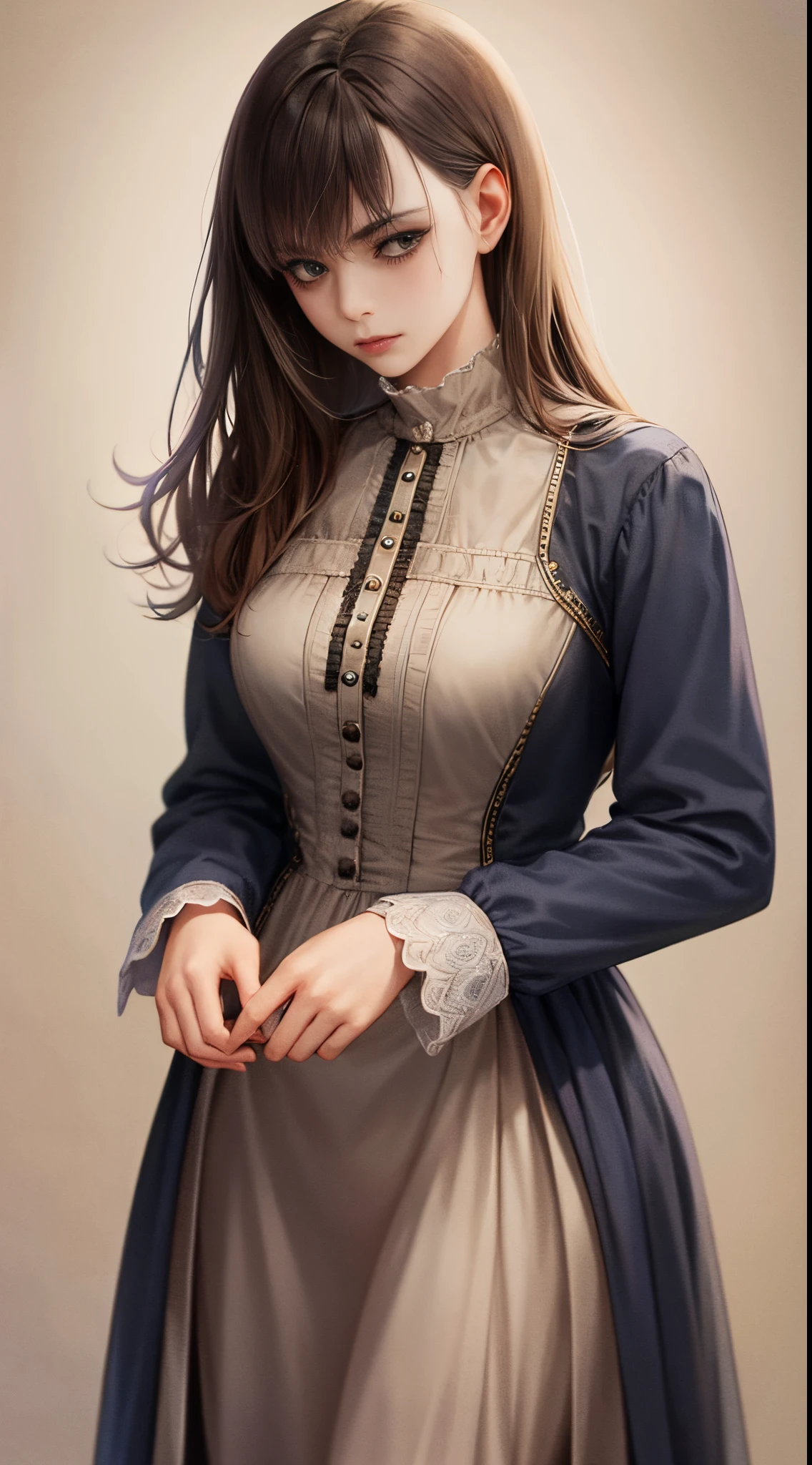western fantasy，victoriana，A beautyful girl，The stands up，Plain clothing and  clothing，No hats，shift dresses，Nightdress