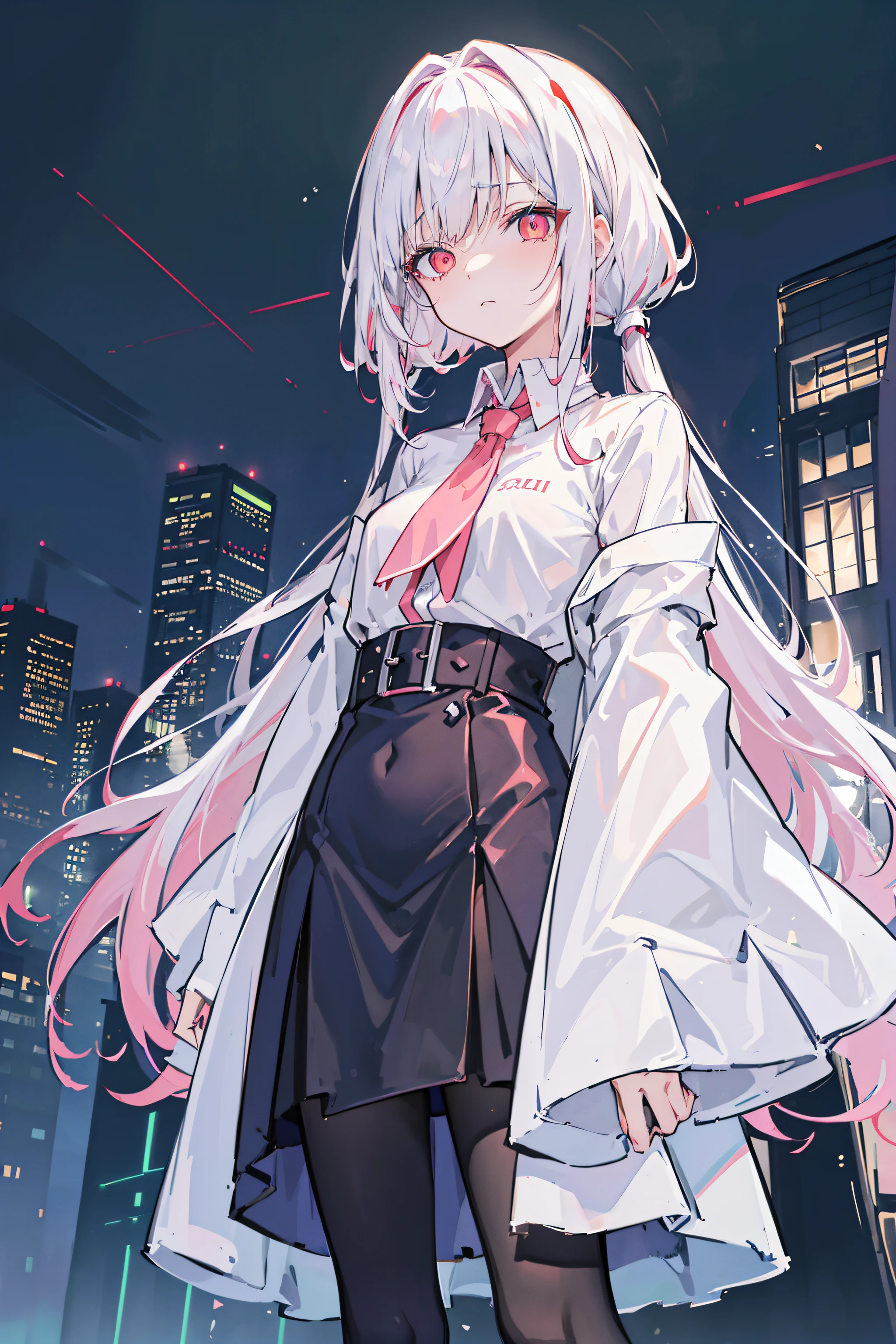 1 busty girl, Alone, change, small, (exceedingly_long_Pink_the hair), pigtails, (Red_In the eyes_, (The white_The shirt:1.5), (wind coat), (leaving_bshoulder:1.the number), glowing_eyed, Background with_optics, (looking over city:1.5), (neon_Lamp light:1.2), (scienc), cyber punk personage, ((tmasterpiece)), (Tall trees_quality), (highly_Detailed pubic hair), (Original),(Beautiful background),(Extremely detailed 8K wallpaper),film lighting, Volumetriclighting, Light particles, cel shadow_the face, The beautiful_Detailed pubic hair_eyed, depth of fields_'s_venue, Perspectives,