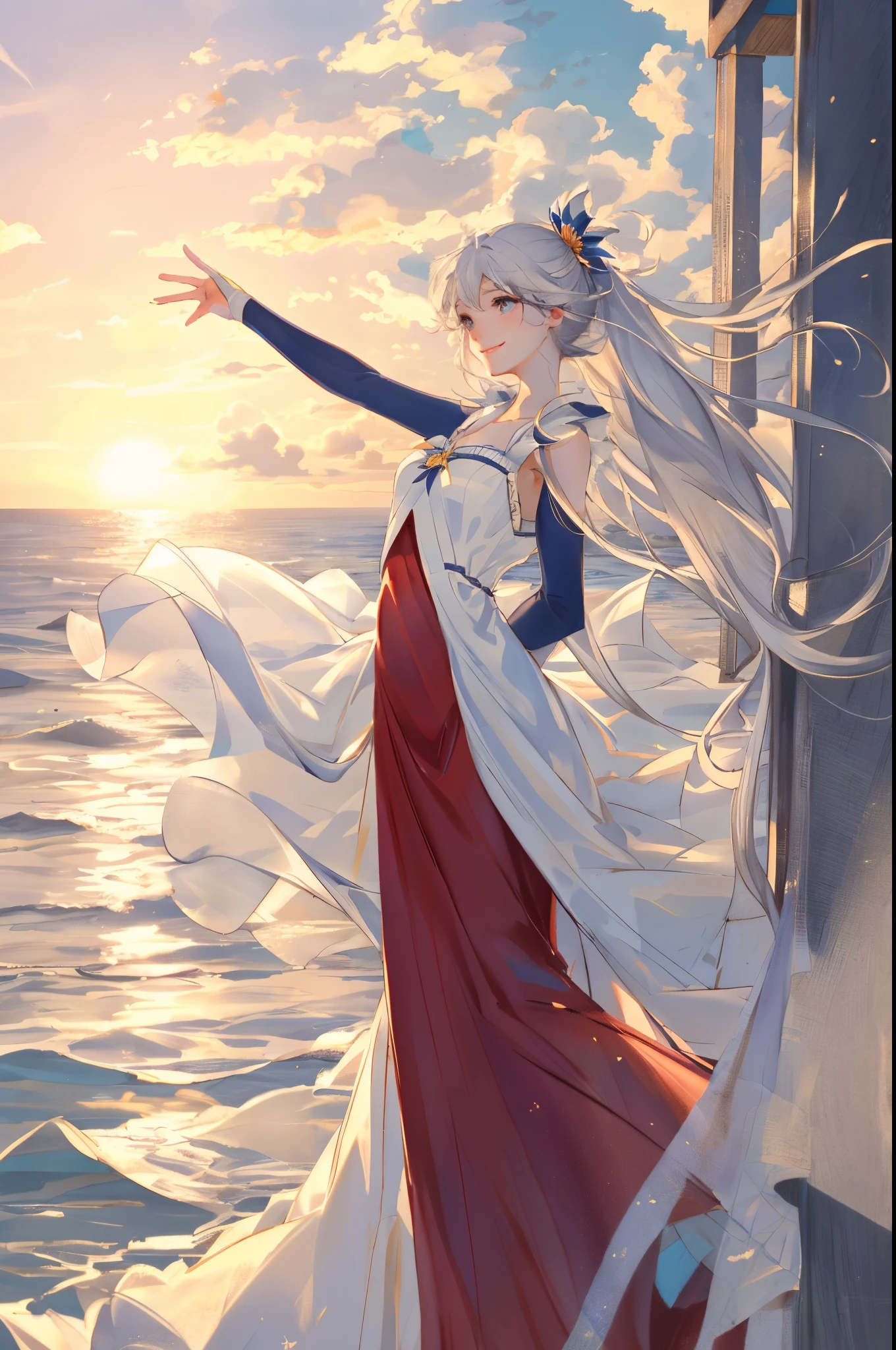 &cite;((Best quality at best)), ((tmasterpiece)), quality), (((1 flexible girl))), ssmile, Smilingly, the ocean, , face flushed, staring at the audience, clouds, splash, Raging sea, suns, Wet with , ((floating long dress))