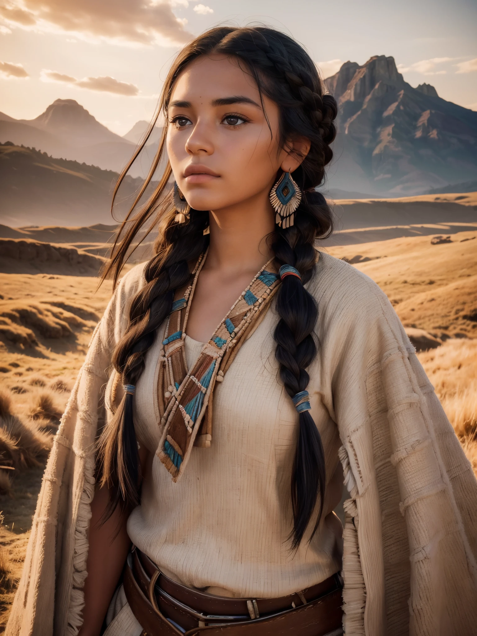 (best quality,4k,8k,highres,masterpiece:1.2),ultra-detailed,realistic,photorealistic:1.37, beautiful detailed eyes, beautiful detailed lips, extremely detailed face, longeyelashes, intimate view, classic oil painting, soft lighting, vibrant colors, warm tones, atmosphere, young and beautiful Ancient Native American Girl walking on on a field surrounded by mountains in ancient America, timid expression, random hairstyle, flawless skin texture, gentle breeze, elegant pose, nervous energy, afternoon ambiance, frontal shot, Wearing nativam, sunset