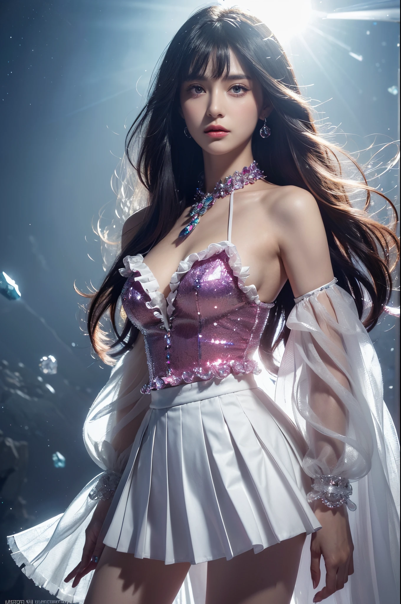 (((crystals texture Hair))),{{{{{extremely detailed CG}}}}},{{8k_wallpaper}},{{{{Crystalline purple gemstone gloveeautiful detailed Glass hair)),((Glass shaped texture hand)),((Crystallize texture body)),Gem body,Hands as clear as jewels,Crystallization of clothes,((crystals texture skin)),sparkle,lens flare,light leaks,Broken glass,{{{{Detailed Glass shaped clotheasterpiece)),(((best quality))),((ultra-detailed)),((illustration)),((disheveled hair)),((frills)),(1 girl),(solo),dynamic angle,big top sleeves,floating,beautiful detailed gemstone sky,gemstone sea,beautiful detailed eyes,overexposure,side blunt bangs,hairs between eyes,ribbons,bowties,buttons,bare shoulders,(((small breast))),pleated skirt,crystals texture flowers,((Detailed crystallized clothing)),(gemstone of body),solo focus,, best quality,masterpiece,realistic,masterpiece,Highly detailed,extreme detail description,extremely detailed CG unity 32k wallpaper,8k,