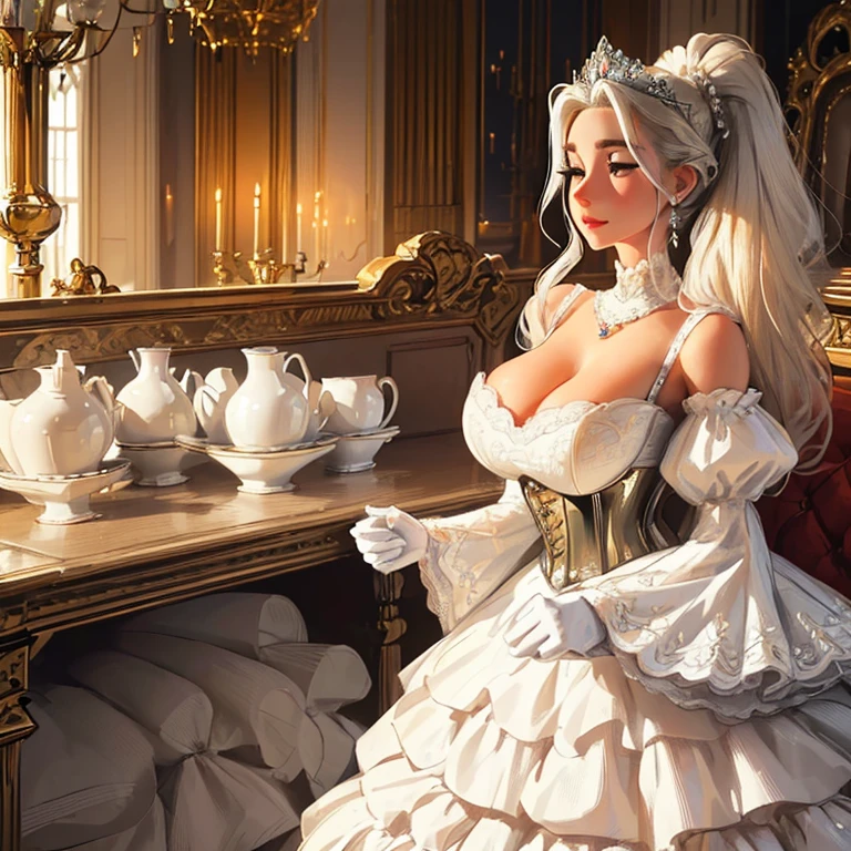 A beautiful blonde fairy princess,Shining with royal pomp and imperial splendor, Dress solemnly and (((meticuloso))) Silver Brocade Royal Cinderella Wedding Dress, Big breasts, big breasts (((enormous puffed sleeves))) Padded and corset, Hourglass waist, A (((huge skirt petticoat))) big breasts and big breasts))), Decorate with ribbons, the bow, rosette, Lace, Ruffles, Decorative style, embroidery, and jewels, Carefully curl and style hair, long white gloves, Pearl diamond necklace and earrings magnificent palace,meticuloso,platinum silver,Brilliant ,Light-colored pupils,Confused,Long eyelasheull bodyesbian