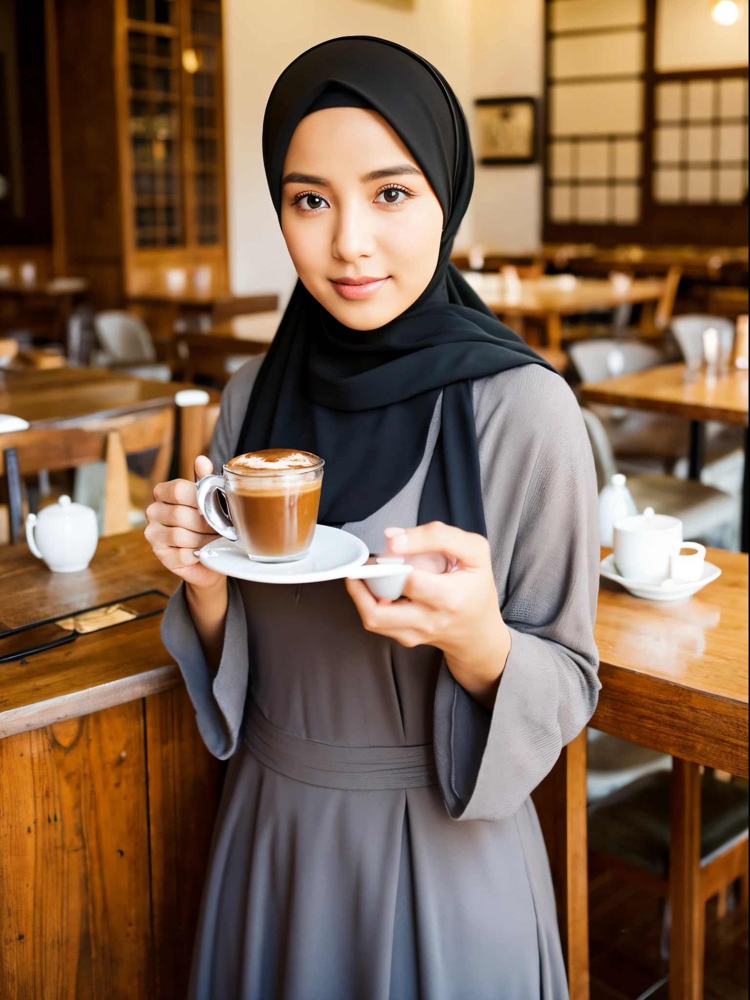 women, big breast, hijab, gamis, cafe