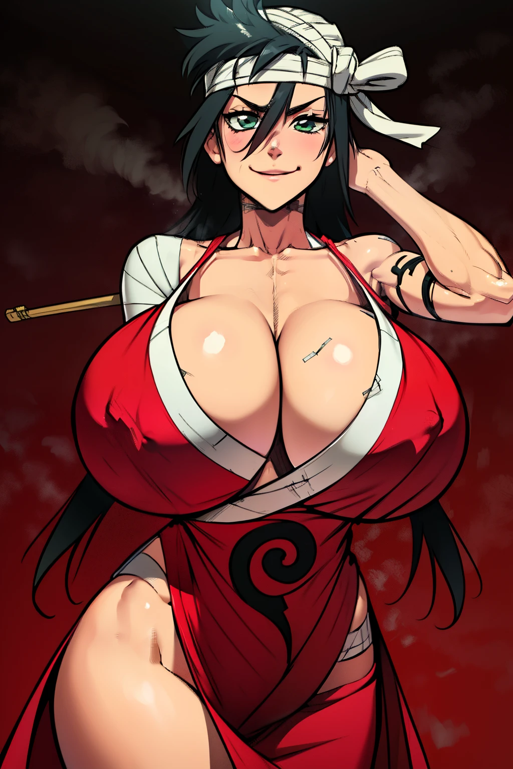 (kukaku Shiba), gigantic breasts, masterpiece, 4k, detailed, sketch marks, cinematic masterpiece, cowboy shot, solo, 1girl, shiba kuukaku, (prosthesis, prosthetic arm:1.1), smile, closed mouth, looking at viewer, red dress, bandages, cleavage