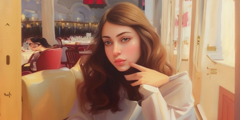 there  a woman that  posing for a picture in a restaurant, anna nikonova aka newmilky, pale-skinned persian girl, in the art style of bowater, hyperrealism artstyle, 🤤 girl portrait, high quality portrait, angelina stroganova, soft portrait shot 8 k, oil painting of realistic woman, with pale skin, julia sarda