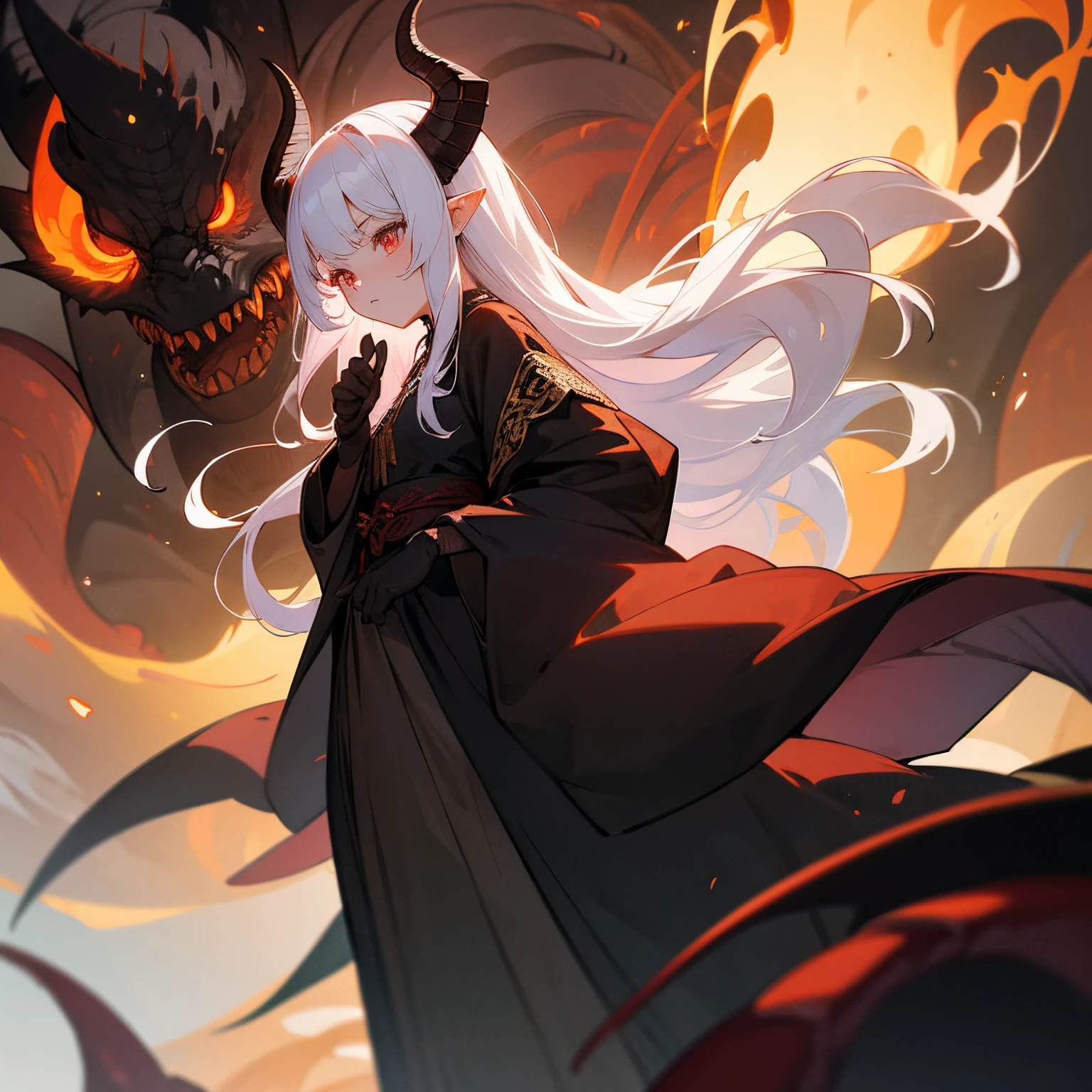 A  girl, with poor milk, with golden eyes burning like flames, little pointy ears like fairies, long pure white hair blowing in the wind, black dragon horns on her head, a sorcerer's dress, wearing black lace gloves, a wide robe sleeve to hide her hands, a golden pattern at the edge of the robe, and a black dragon tail behind her, A multitude of blood-red tentacles protrude from the sleeves of his clothes, Behind the girl was the shadow of a Cthulhu god, and nearby there were a large number of dense tentacles with eyes and flames flying around the girl