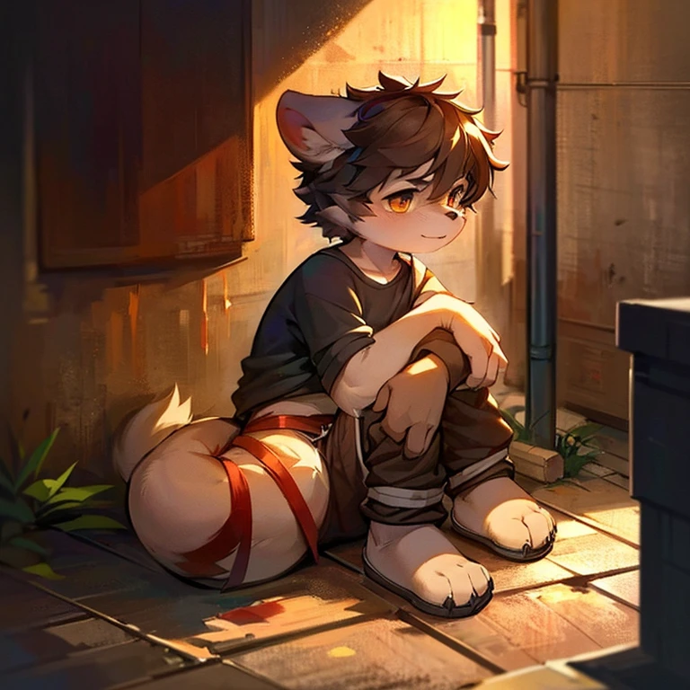 Dark style，male dog ears，shaggy，Curled up in a corner，In a dark and shabby alley，He was injured and bleeding，wear thin clothes. He looked around with vigilant eyes，the only person
