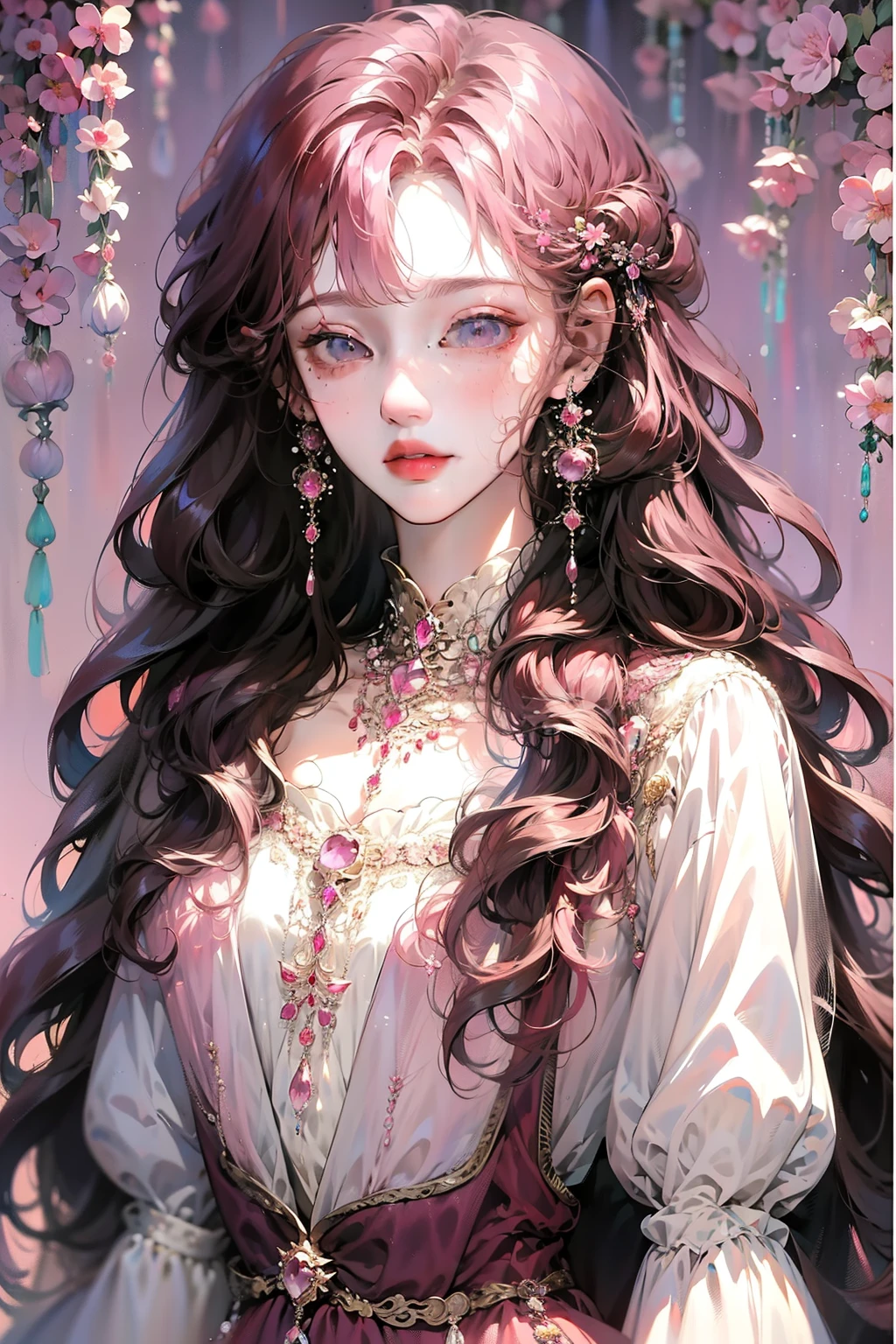 Anime girl posing for photo with long pink hair and earrings, an anime drawing inspired by Yanjun Cheng, Pisif, Fantasy art,Pink flowing hair, Long pink curly hair, Guviz, a beautiful anime portrait, Guviz-style artwork, in the art style of bowater, Anime girl with long hair, Pink wavy hair, Beautiful anime style