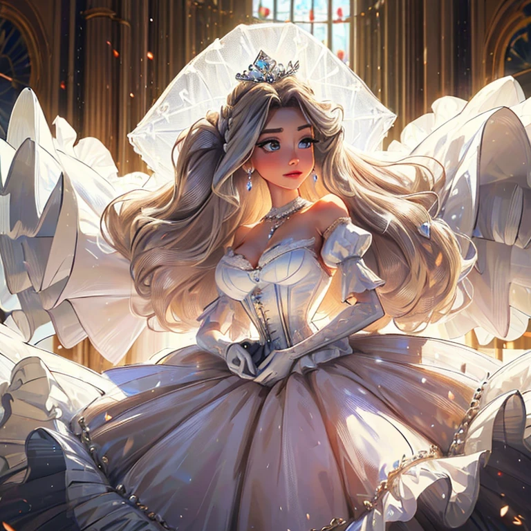 A beautiful blonde fairy princess，Shining with royal pomp and imperial splendor, Dress solemnly and (((meticuloso))) Silver Brocade Royal Cinderella Wedding Dress, small (((enormous puffed sleeves)))  Padded and corset, Hourglass waist, A (((huge skirt petticoat))) Big breasts, big breasts))), Decorate with ribbons, the bow, rosette, Lace, Ruffles, Decorative style, embroidery, and jewels, Carefully curl and style hair, long white gloves, Pearl diamond necklace and earrings ornate palace，meticuloso，platinum silver，outstanding ，Light-colored pupils，confuse，long eyelashes bodyesbian