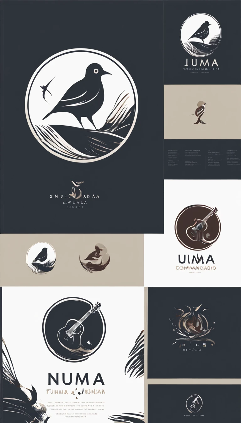 Create a cinematic, abstract symbol for a film production company based on stories and music. The logo should represent the companionship between a boy musician, A Storyteller Fantasy Bird, uma pena sonhadora, A boy and a guitar. Minimalist symbol design