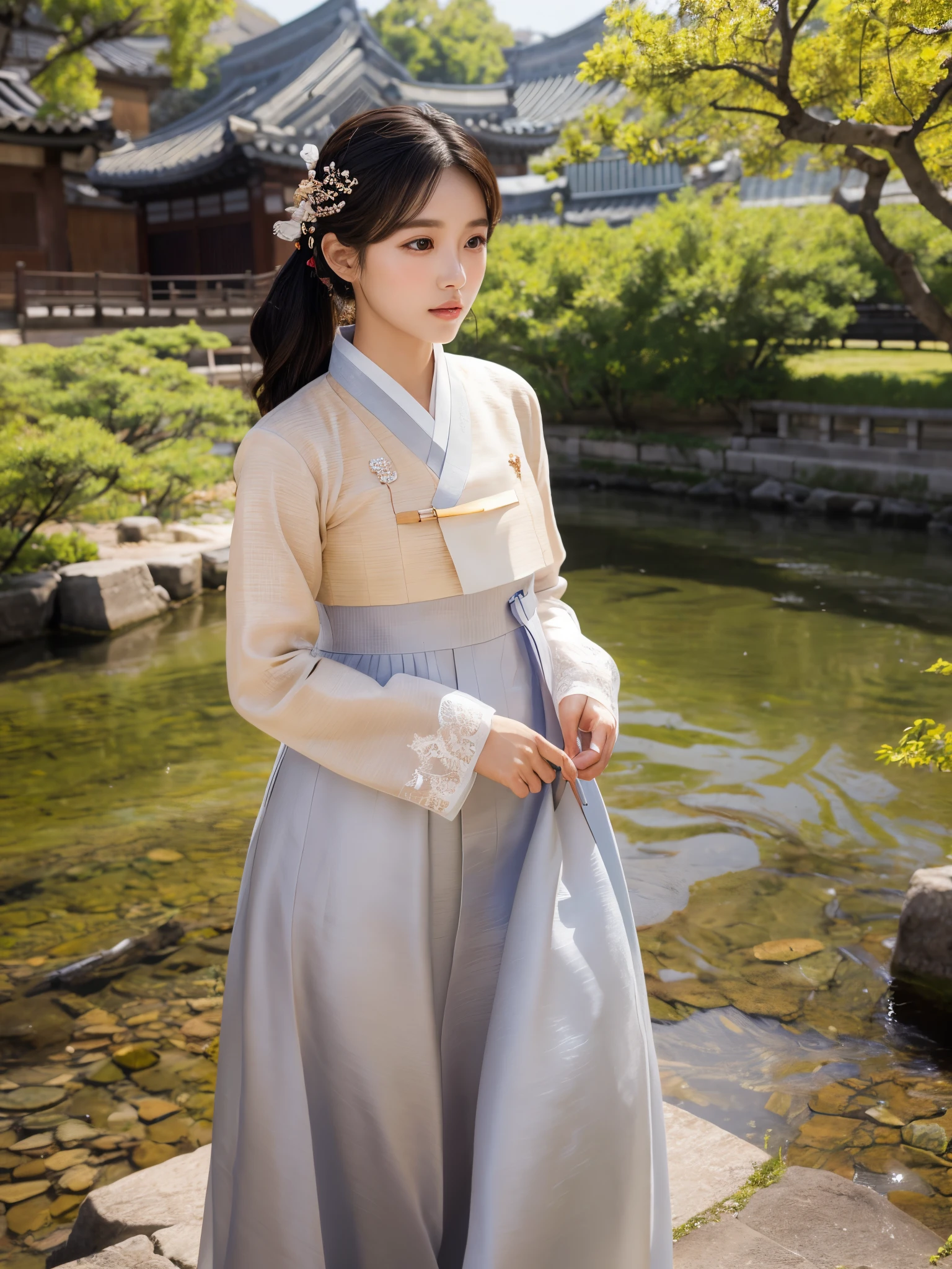(best quality,4k,8k,highres,masterpiece:1.2),ultra-detailed,realistic,photorealistic:1.37, beautiful detailed eyes, beautiful detailed lips, extremely detailed face, longeyelashes, intimate view, classic oil painting, soft lighting, vibrant colors, warm tones, atmosphere, young and beautiful Ancient korean girl walking next to a river in Ancient Korea, timid expression, random hairstyle, flawless skin texture, gentle breeze, elegant pose, nervous energy, afternoon ambiance, frontal shot, Wearing korean Hanbok, afternoon