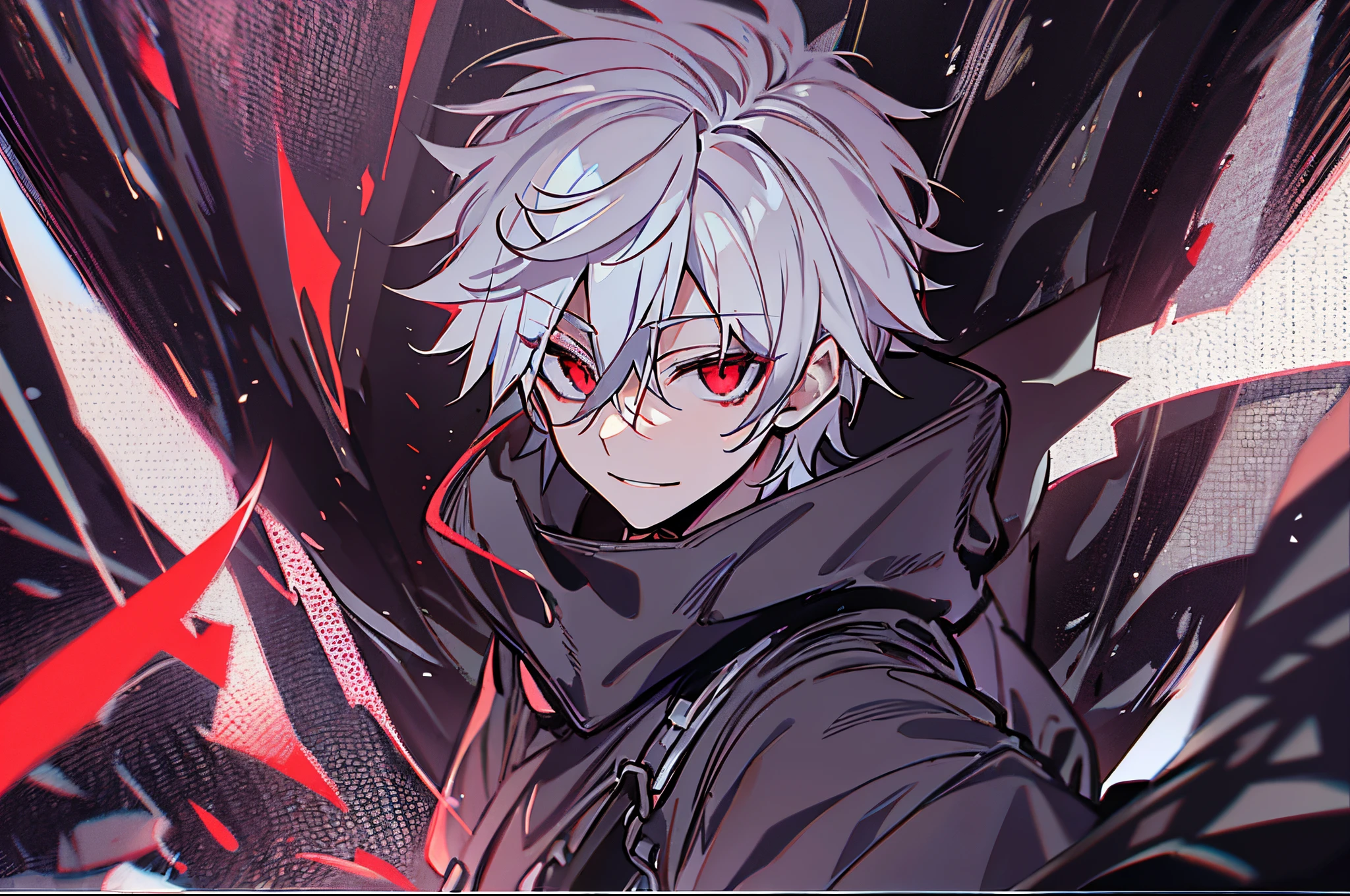 ((One Person)),Anime boy with white hair and red eyes staring at camera, Glowing red eyes,slim, dressed in a black outfit,monochromes,hair messy,Bad smile,Diagonal angle,