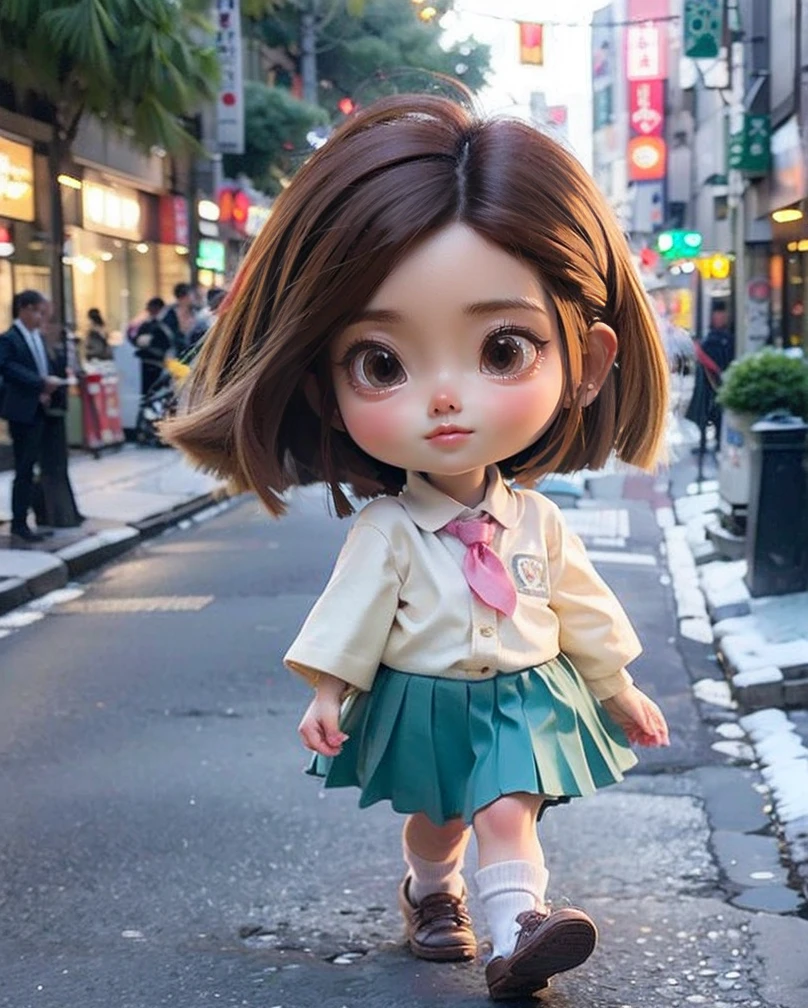 ,masterpiece, best quality, 8k, official art, cinematic light, ultra high res, short brown hair, high quality, outdoors,tokyo street, looking at viewer, wearing school uniform,"child",school uniform,jp_school_uniform,walking,white long sock