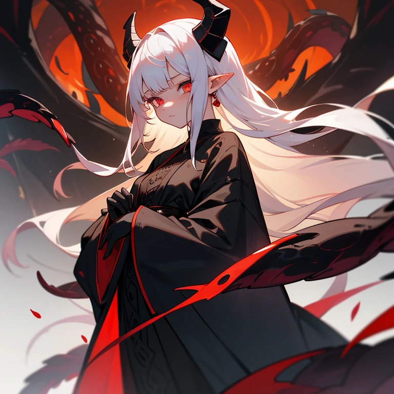 pale skin，dark风，wearing leg rings，long white hair，black eye shadow，red eyes，Abstinence，dark，back view，goat horn，sickle，grim Reaper
