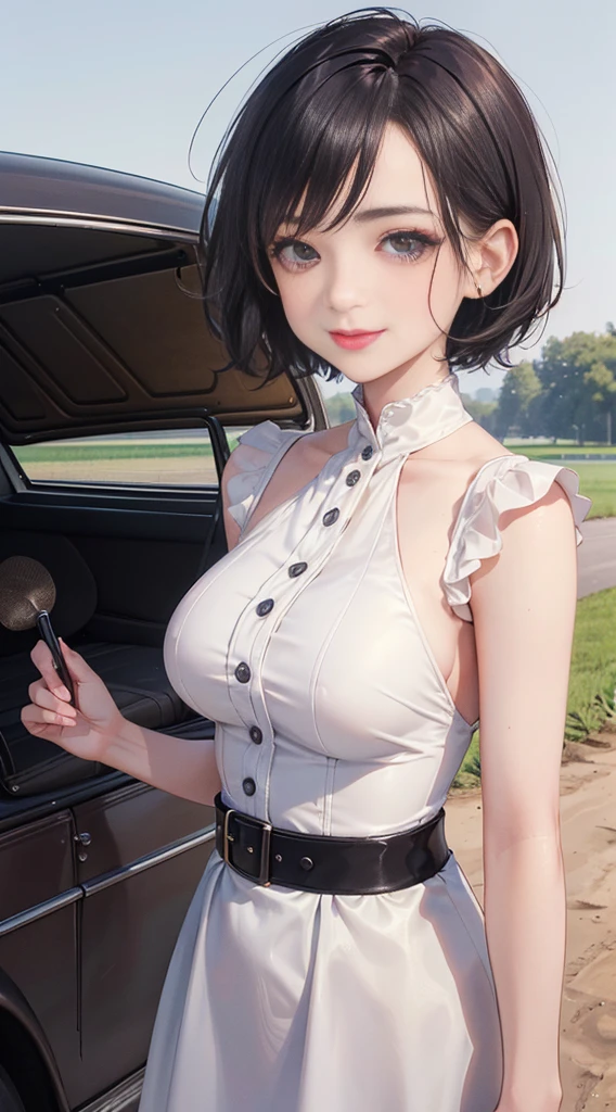 127
(a 20 yo woman, Permanent), (Surreal), (High level of image quality), ((beautiful hairstyle 46)), ((short detailed hair:1.46)), (gently smiling), (Breasted:1.1), (lipsticks), (large garage), (Deep in the field), (vintage car)
