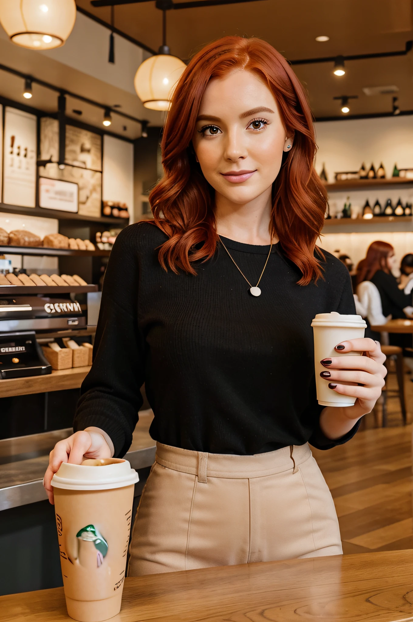 Realistic 33-year-old hairdresser in selfie mode for Instagram dressed as a Snapchat influencer Full photo having a coffee at Starbucks