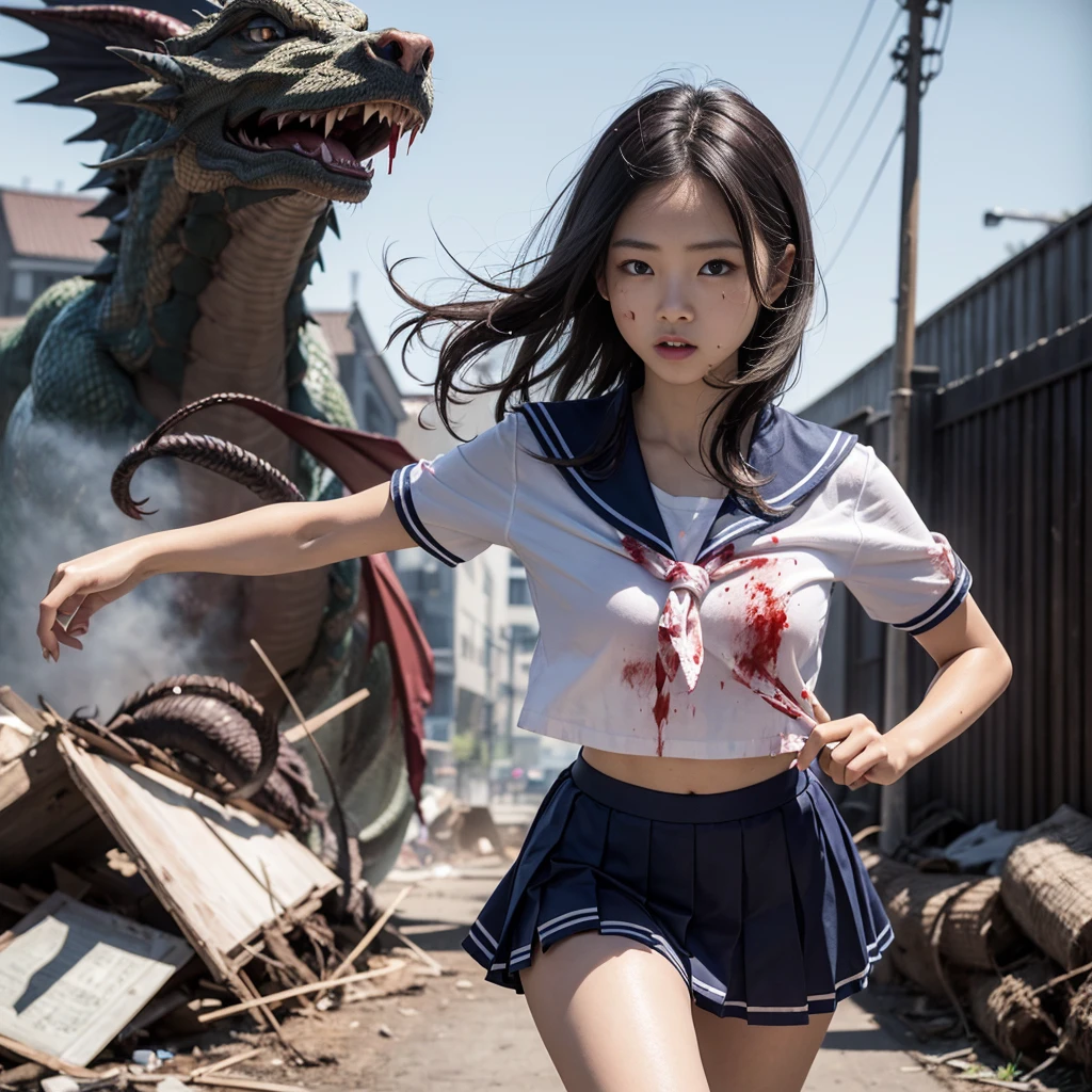 (8K、RAW photogr、quality、masterpiece:1.2)、(Realistic、真实感:1.37)、ultra - detailed、超高分辨率、(big dragon:1.2)、A beautiful 15-year-old Japanese high school girl was attacked by a giant dragon in devastated Tokyo、horrified expression、校服、female student、(A tattered and dirty sailor uniform:1.2)、Disheveled clothes、torn fabric、(There was blood on his clothes:1.2)、Short pleated skirt、(Torn skirt:1.2)、dirty hair、The face  dirty、(Blood or dirt on your skin,:1.2)、Run through the ruinuilding crumbling、Burning flame、stunningly beautiful face、Dynamic Unger 、动态照明